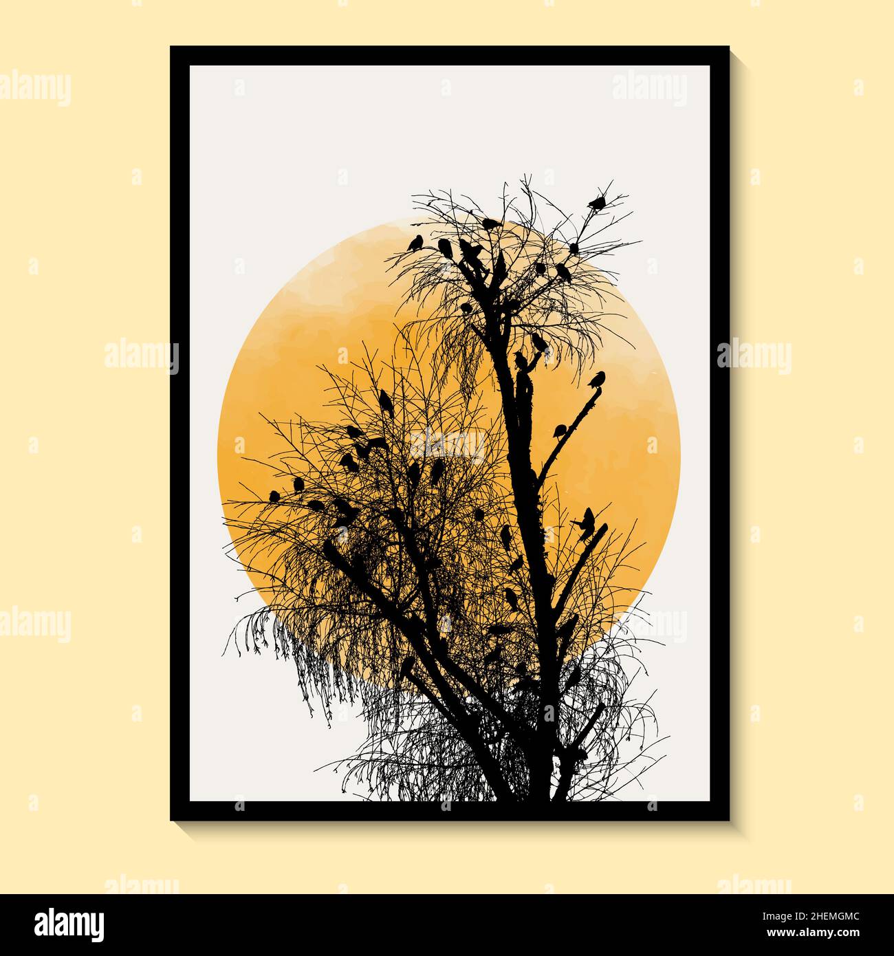 Abstrakter Baum und Vogel Sonne Gelbe Kunst Aquarell Wandmalerei Poster und Drucke Nordische Wandbilder Vektor-Kunstdruck. Stock Vektor