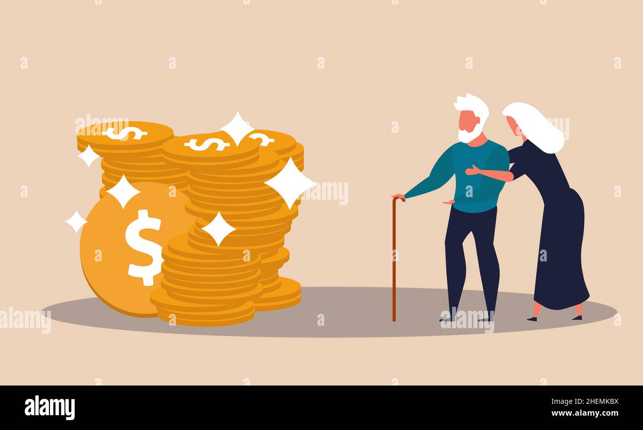 Rentner im höheren Alter und erhalten 401k Geld für die Bürgerrente. IRA Einkommen und Münze investieren Menschen Vektor Illustration Konzept. Ältere Menschen finanzieren Investitionen und Stock Vektor Rentner im höheren Alter und erhalten 401k Geld für die Bürgerrente. IRA Einkommen und Münze investieren Menschen Vektor Illustration Konzept. Ältere Menschen finanzieren Investitionen und Stock Vektor