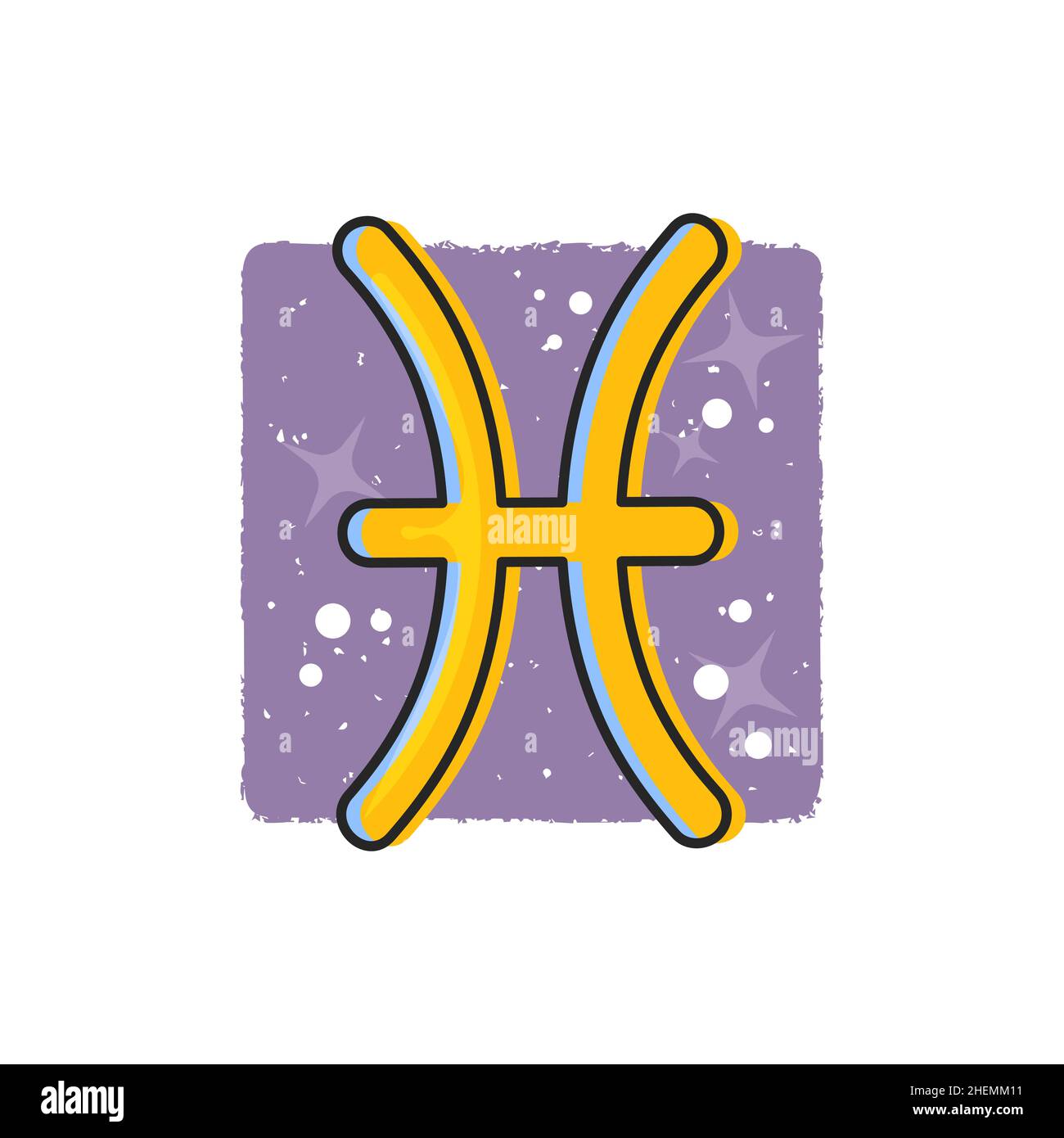 Fische - Sternzeichen. Gelbes Cartoon-Symbol auf violettem Hintergrund Stock Vektor
