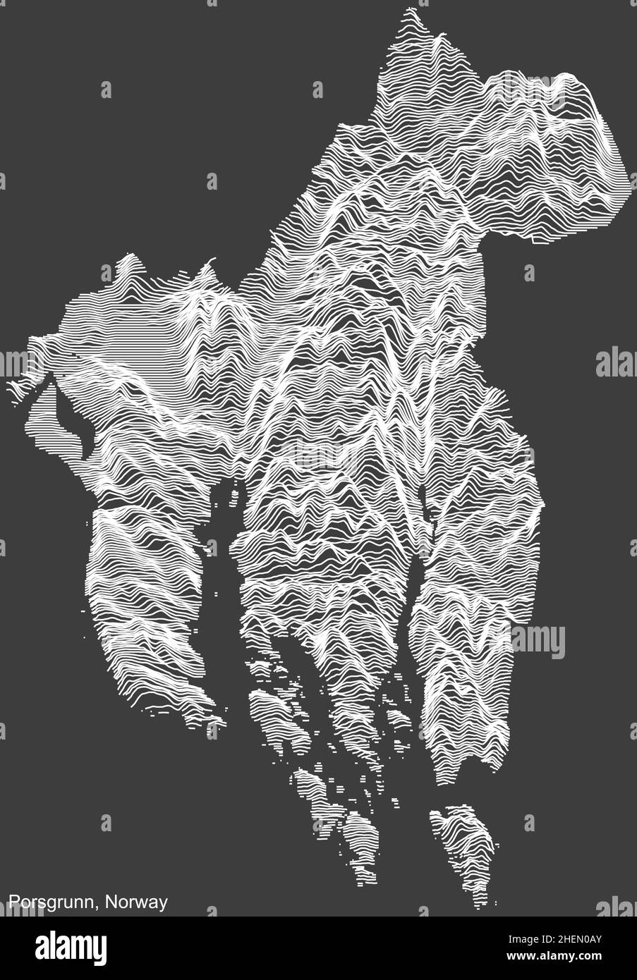 Topographische Negativrelief-Karte der Stadt PORSGRUNN, NORWEGEN mit weißen Konturlinien auf dunkelgrauem Hintergrund Stock Vektor