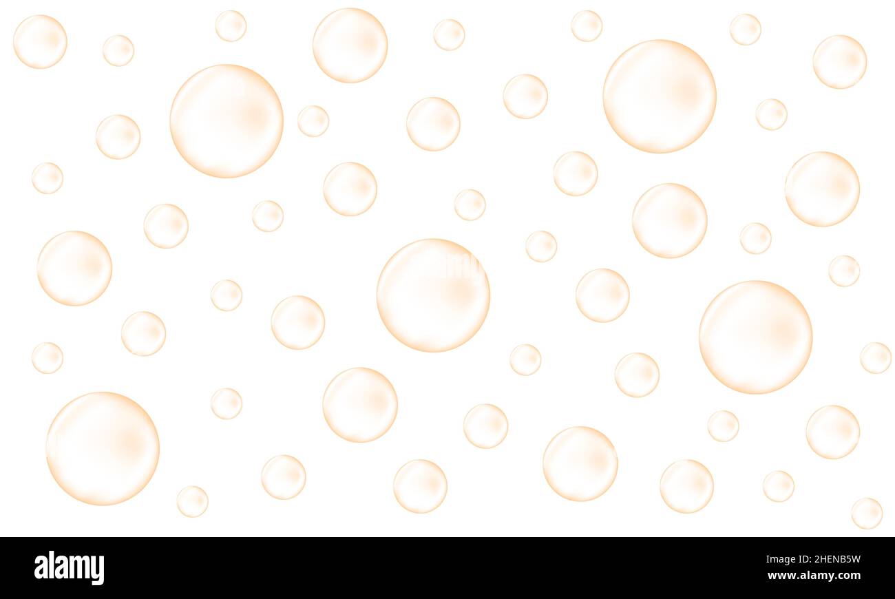 Goldene Blasen Champagner, Prosecco, Seltzer, Soda, Sekt. Kohlensäurehaltige Getränke-Textur Zischender Wasserhintergrund. Vektor-realistische Darstellung. Stock Vektor