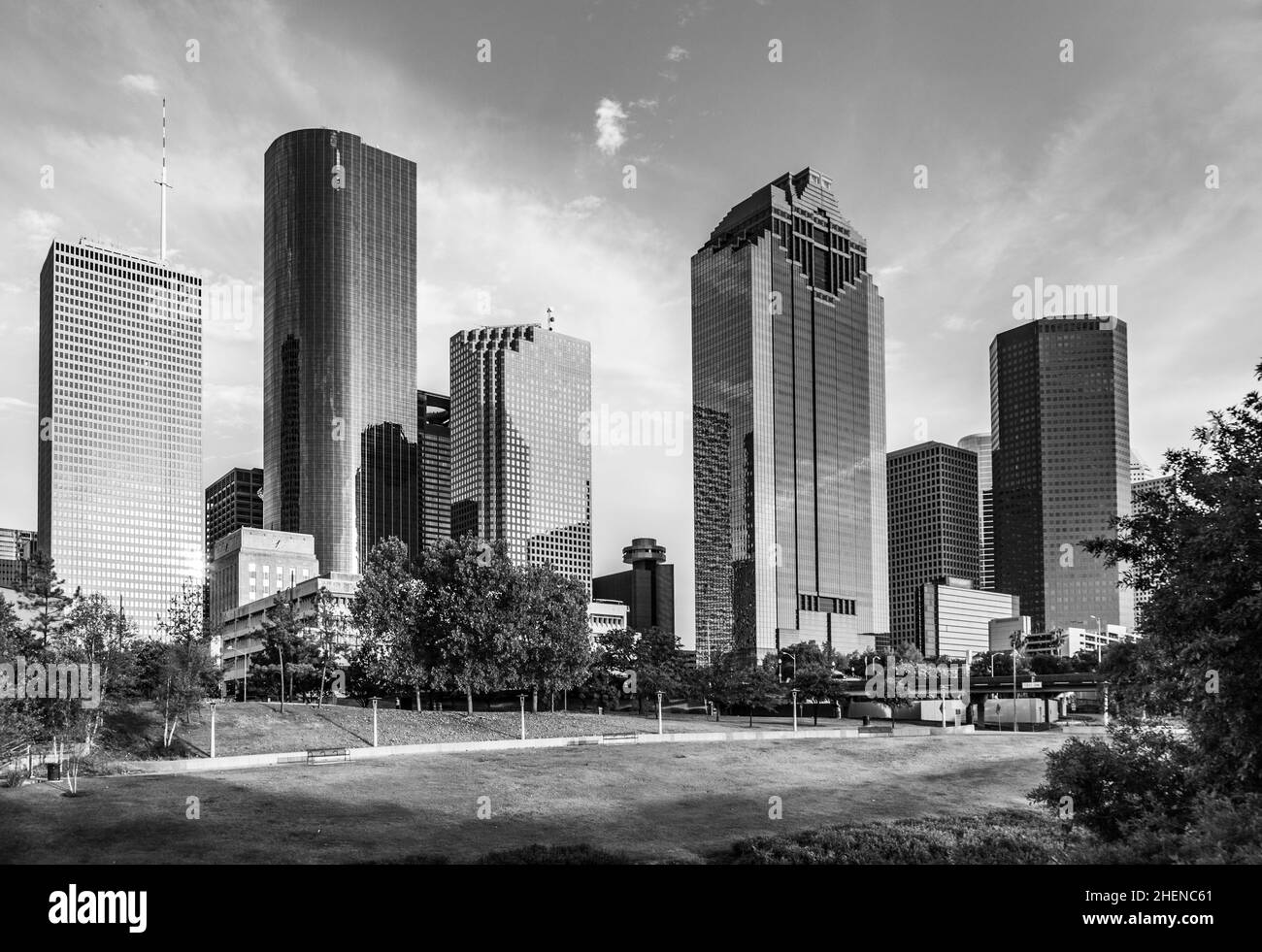 Skyline von Housto, Texas bei strahlendem Sonnenuntergang Stockfoto