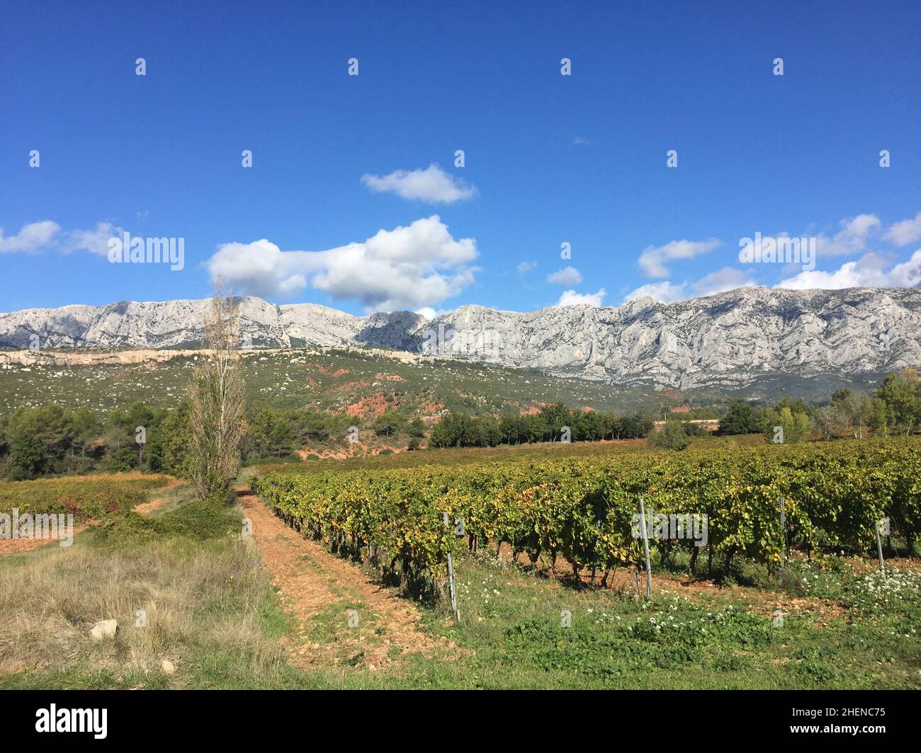 Berühmte Montagne Sainte Victoire bei chateauneuf Le Rouge unter blauem Himmel Stockfoto