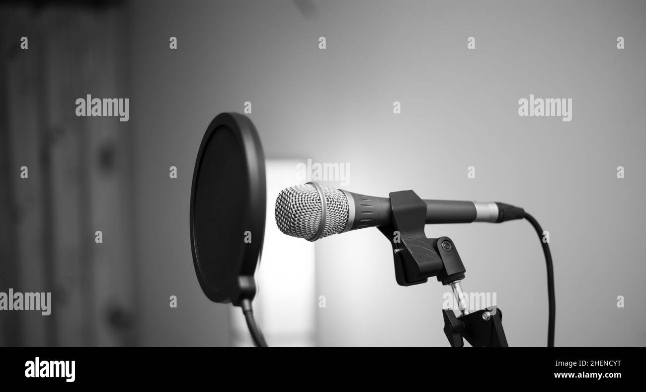 Professionelles Mikrofon mit POP-Filter für Sprachaufnahmen Stockfoto