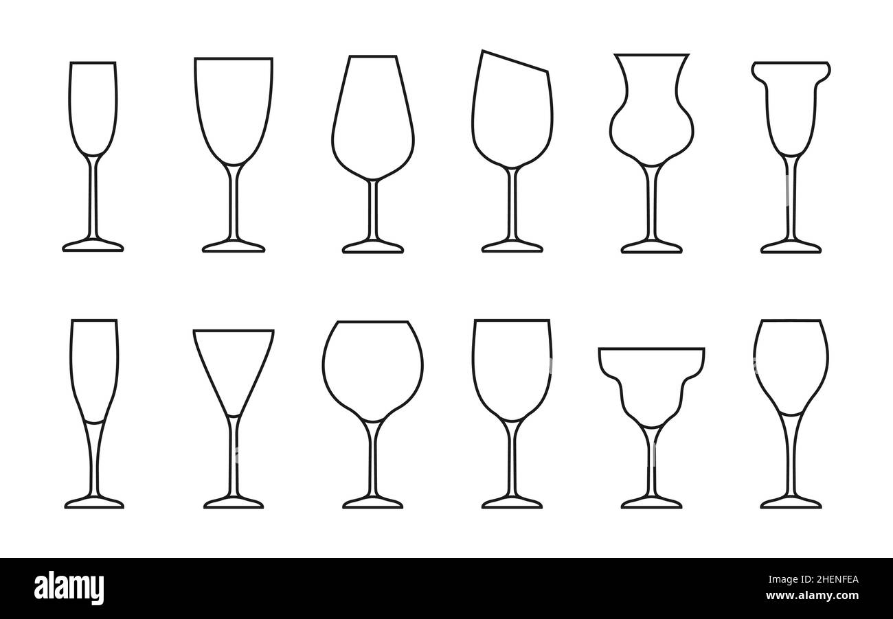 Weinglas dünne Linie Kontur Symbol in flachem Stil gesetzt. Objekt für mobile App und Website signieren. Bar-Symbol, Logo für Unternehmen oder Geschäft. Einfaches Konzept, Design Alkohol Element. Vektorgrafik Stock Vektor