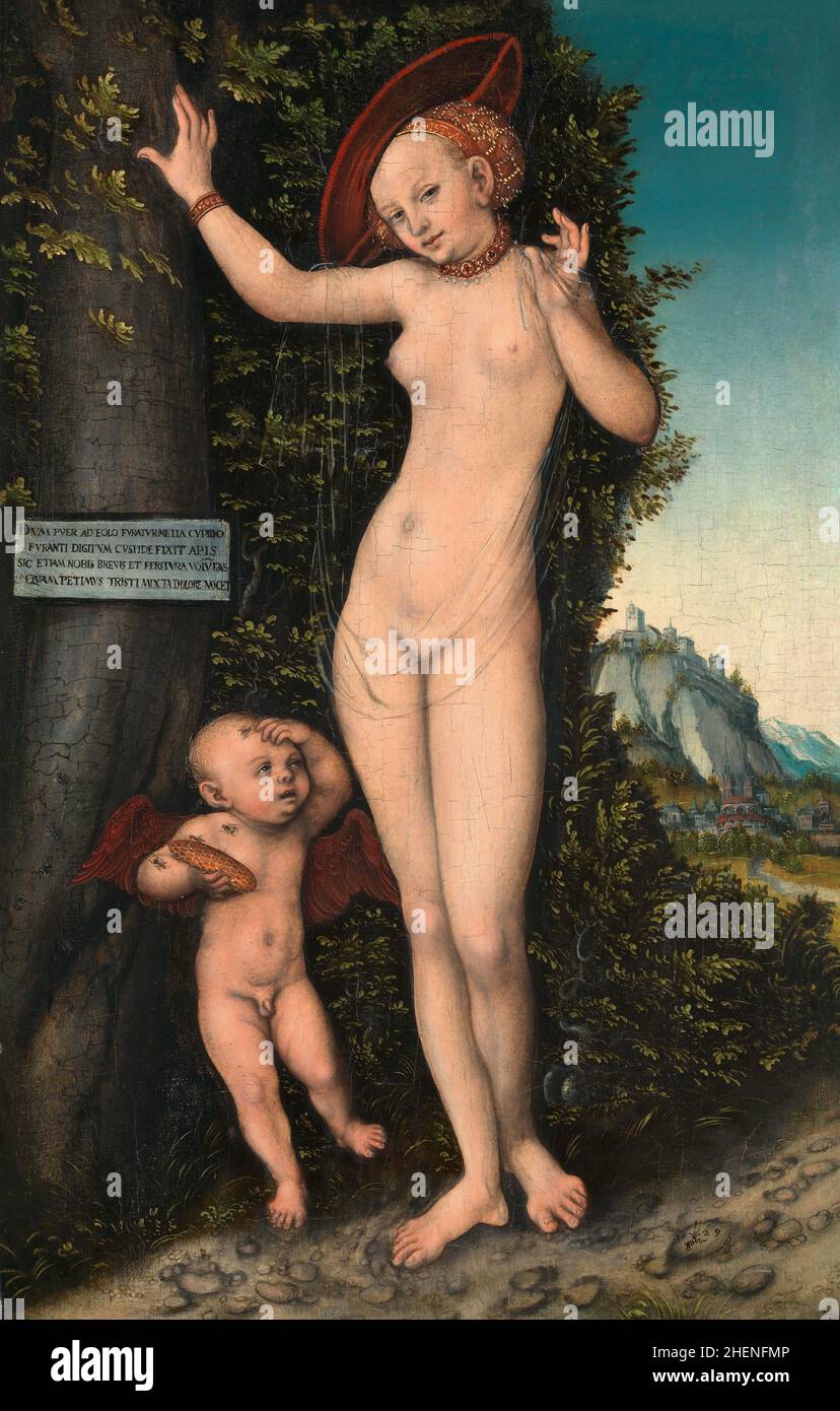 Vensu, die Göttin der Liebe (von den Griechen Aphrodite genannt) mit Amor-Gemälde von Lucas Cranach Stockfoto Vensu, die Göttin der Liebe (von den Griechen Aphrodite genannt) mit Amor-Gemälde von Lucas Cranach Stockfoto