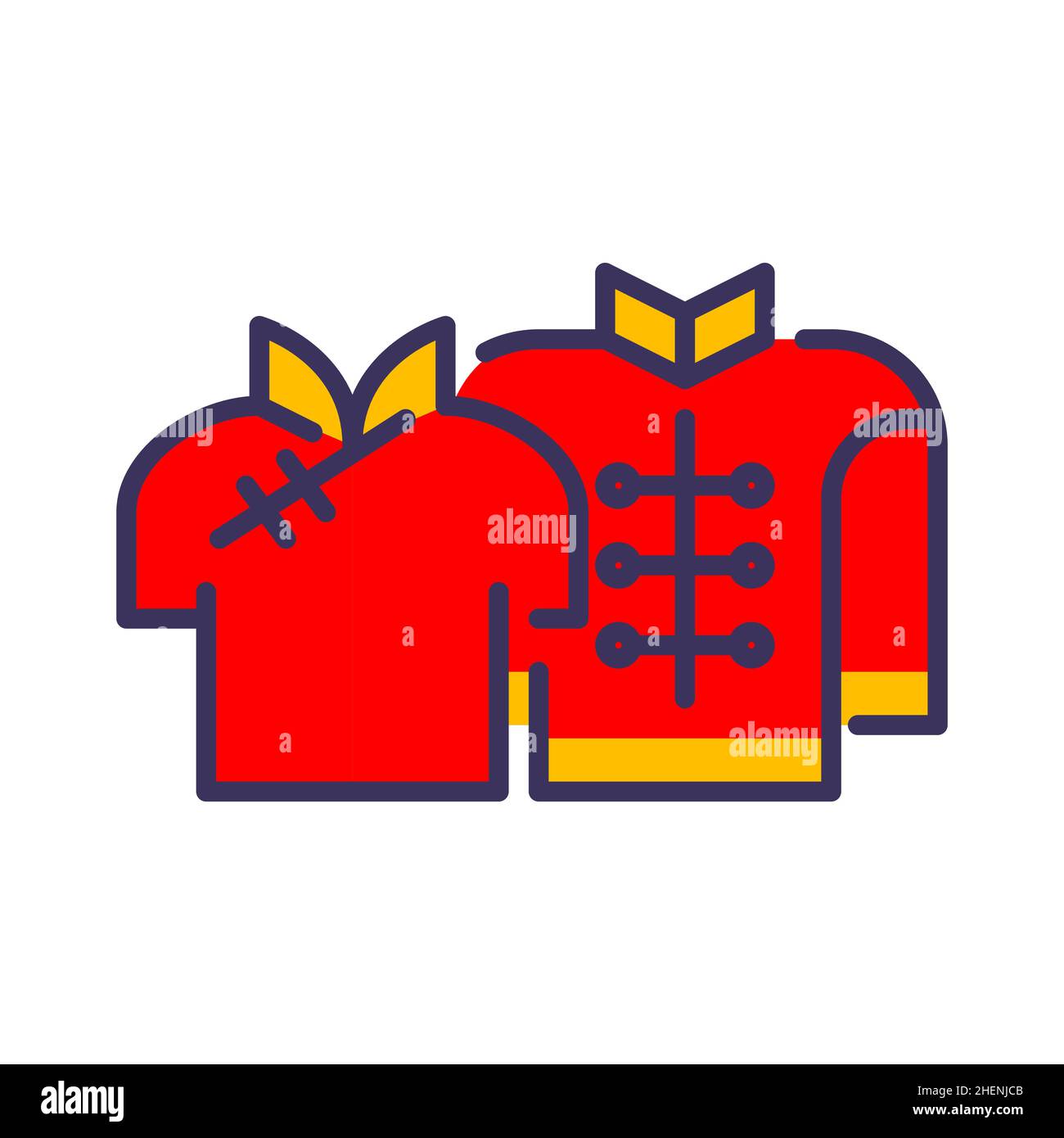 Traditionelle chinesische Kleidung. Herrenanzug und Frauenkleid. Pixel-perfektes, bearbeitbares, farblich gefärbtes Symbol mit Kontur Stock Vektor