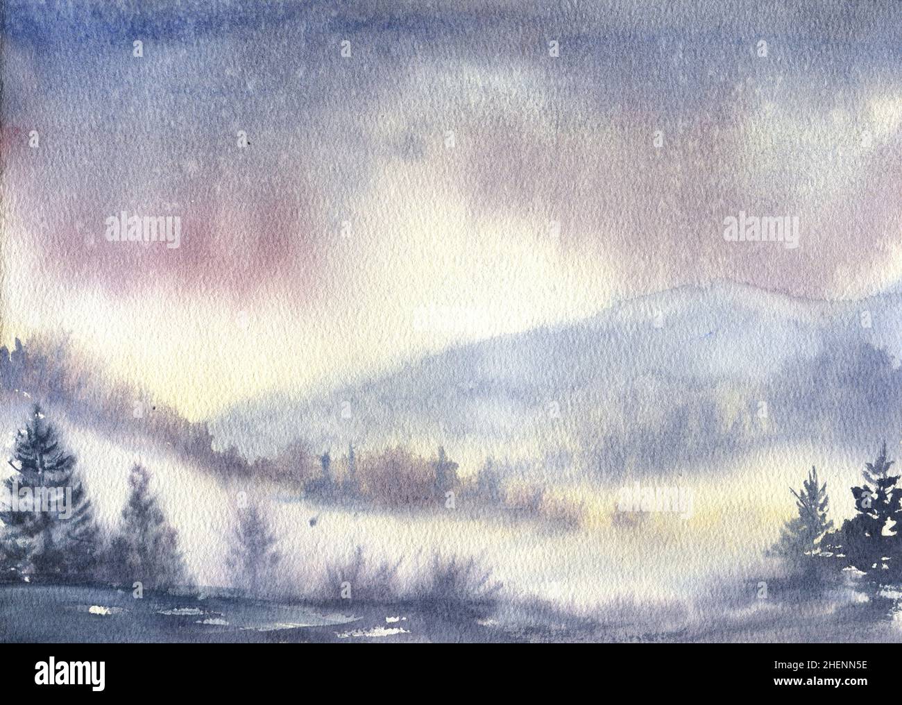 Landschaft mit nebligen Winterwäldern und Bergen. Aquarelldarstellung. Orientalische Malerei Stockfoto