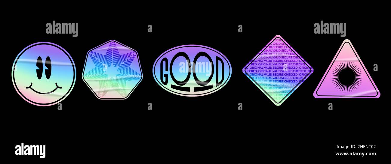 Holographisches Sticker-Set. Geometrische Formen Label mit Regenbogen Hologramm und Falten. Vektorelemente für modernes Trenddesign. Stock Vektor