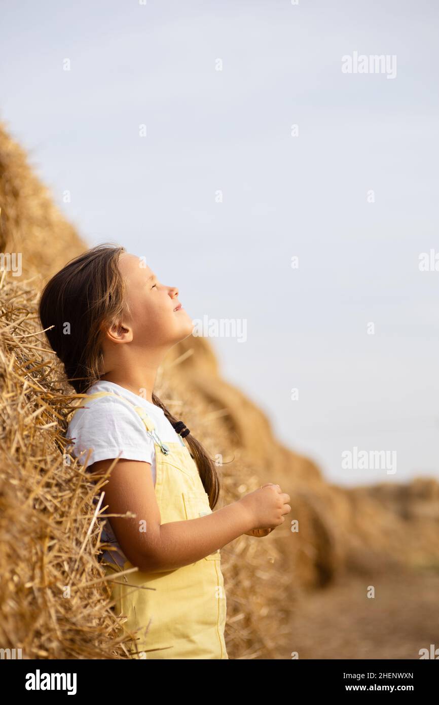 Glückliches kleines weibliches Kind, das nah an hohem Heubock im Feld mit langem Zopf auf der Schulter steht, mit den Händen, die etwas mit dem Kopf nach oben zum Himmel und gerichtet tun Stockfoto