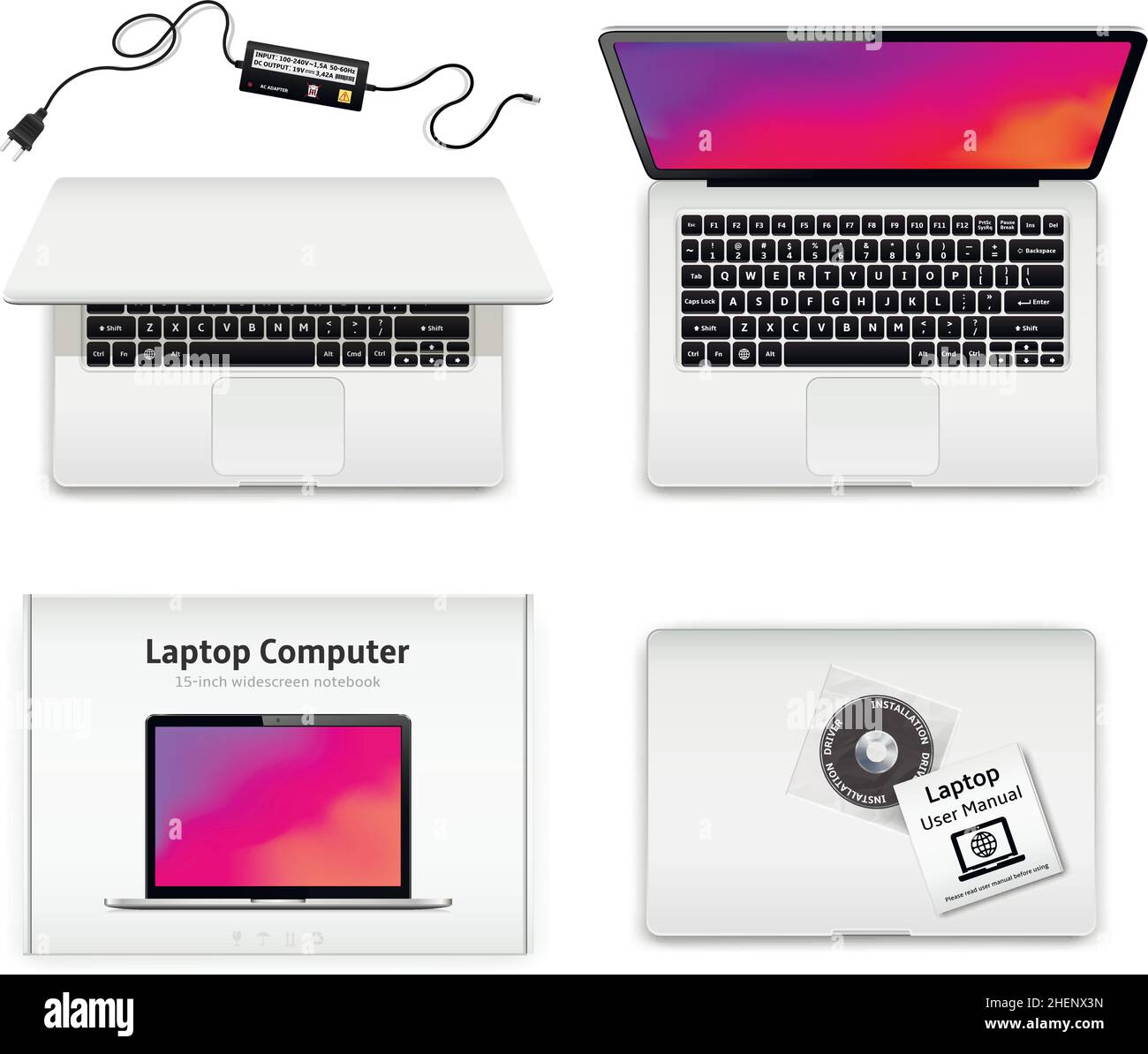 Notebook geöffnet und geschlossen, Laptop im Karton Stock Vektor