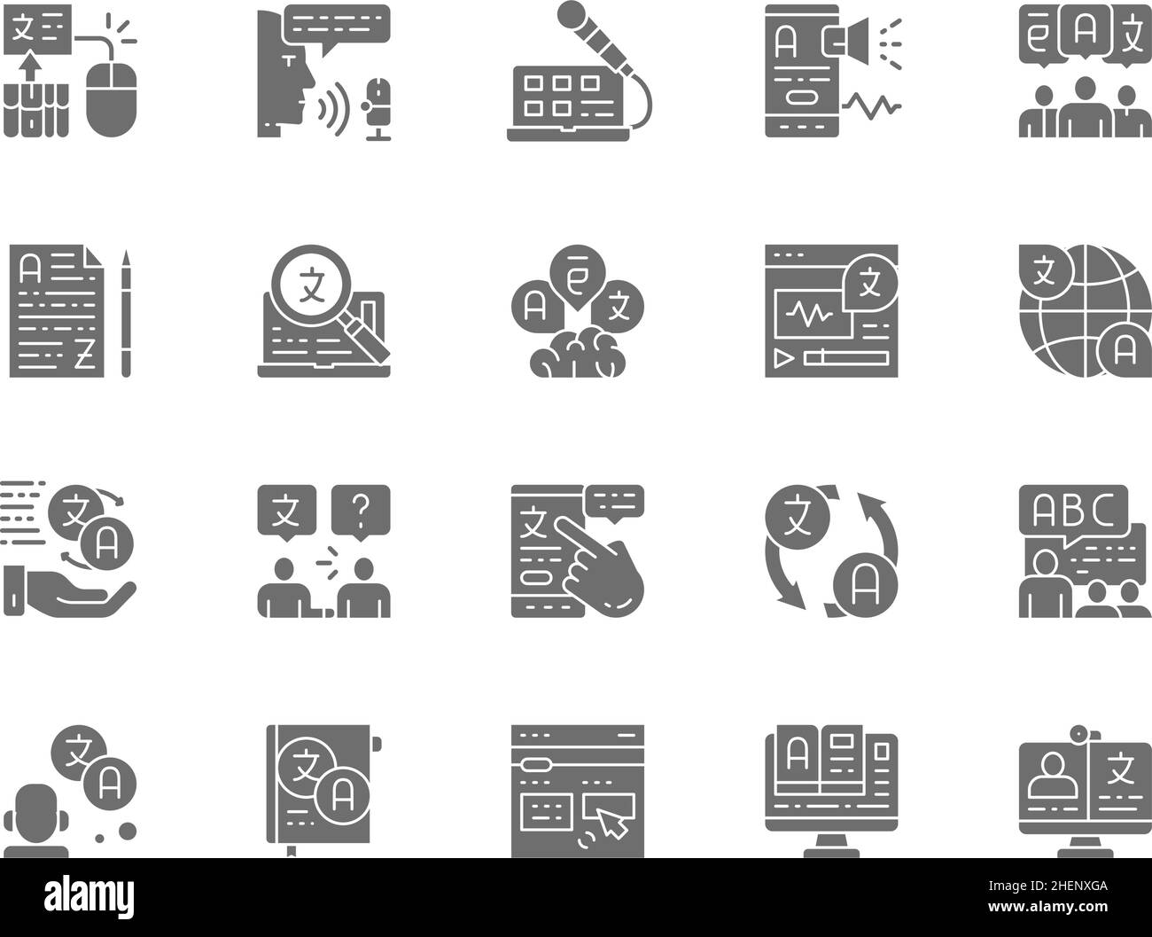 Satz grauer Symbole für die Sprachübersetzung. Online-Bildung, E-Book, Radio-Host, Gespräch, Sprechblasen, Diskutieren, chatten, Dolmetschen und mehr. Pack Stock Vektor