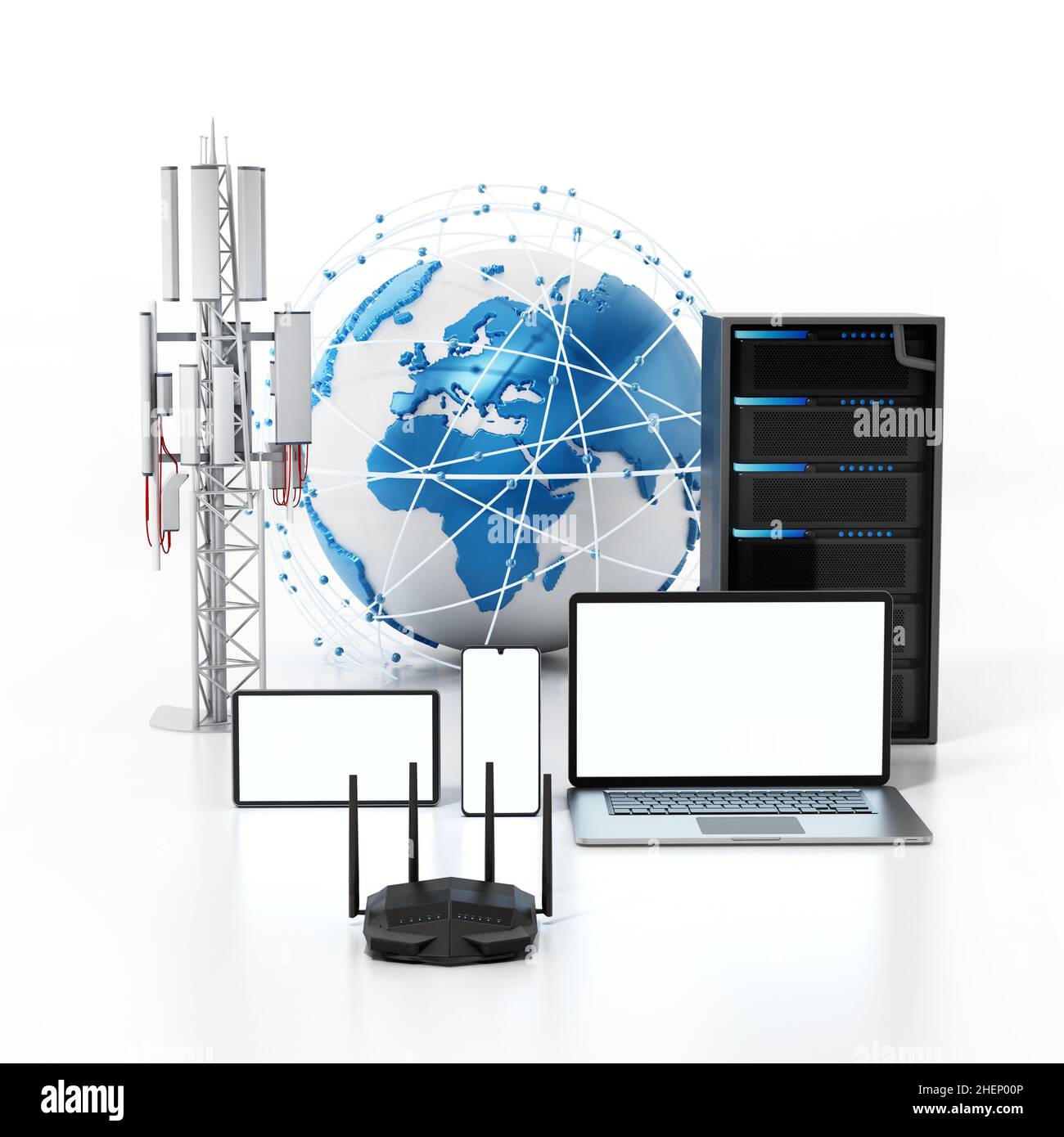 Globales Netzwerk. Intelligente Geräte, Globus, Basisstation, Netzwerkserver und Router. 3D Abbildung. Stockfoto