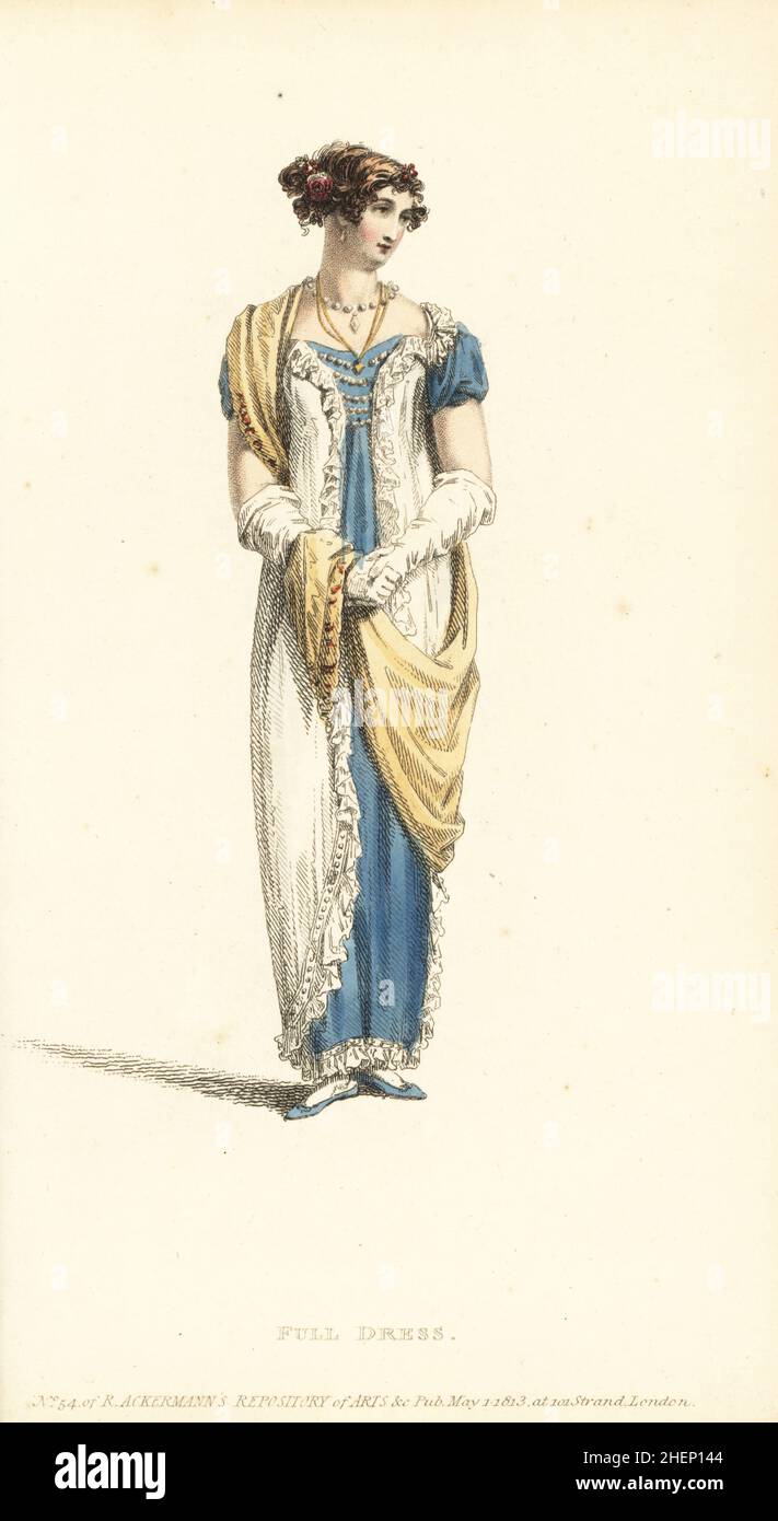 Regency Frau in voller Kleidung. Abendkleid aus polonesischer Robe in weißem Crepe über einem himmelblauen Satinunterwurf, Haare im orientalischen Stil mit Blumen, griechischem Schal, französischen Kinderhandschuhen, blauen Satinschuhen. Plate 37, Vol. 9, 1. Mai 1813. Handkolorierter Kupferstich von Thomas Uwins aus Rudolph Ackermanns Repository of Arts, London. Stockfoto