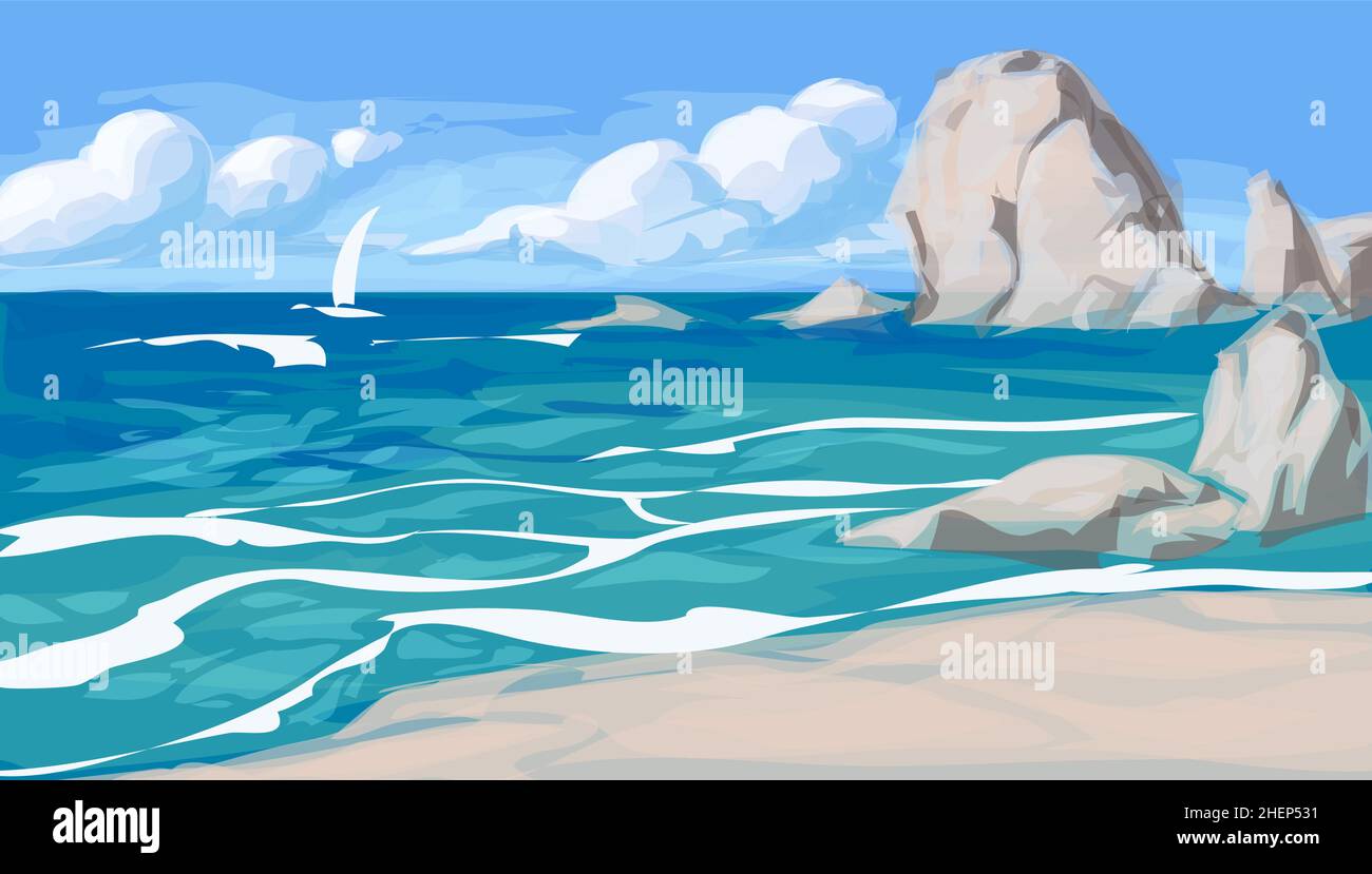 Seascape im Stil einer Karikatur zum Drucken und Dekorieren von Büchern, Postkarten, Souvenirs.Vektor-Illustration. Stock Vektor