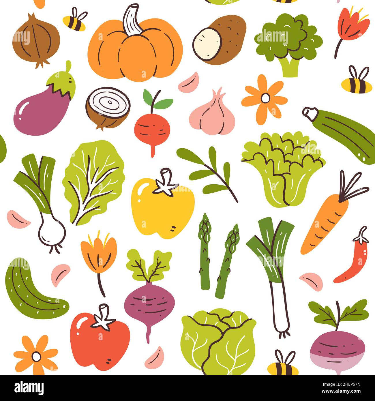 Buntes, saisonales Gemüse im Frühling mit nahtlosem Muster. Isoliertes Gemüse auf weißem Hintergrund. Vektorgrafik. Stock Vektor