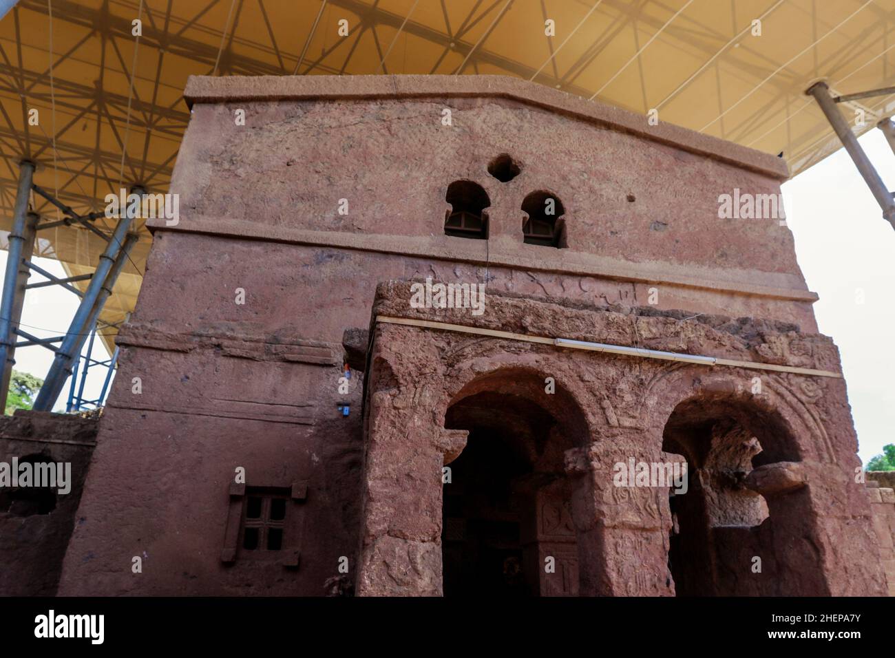 Außenansicht der alten afrikanischen Kirchen in Lalibela Stockfoto