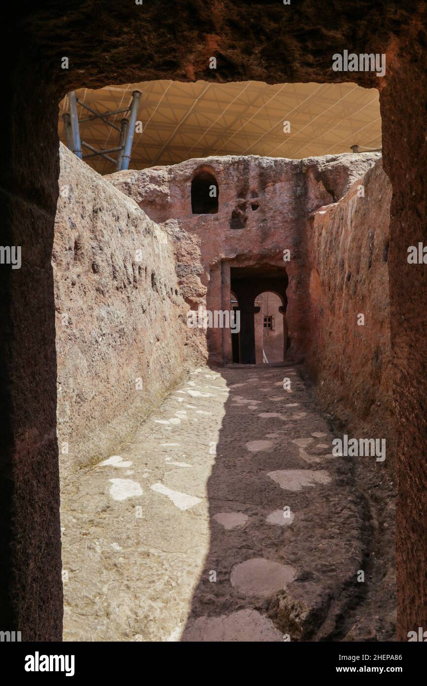 Außenansicht der alten afrikanischen Kirchen in Lalibela Stockfoto