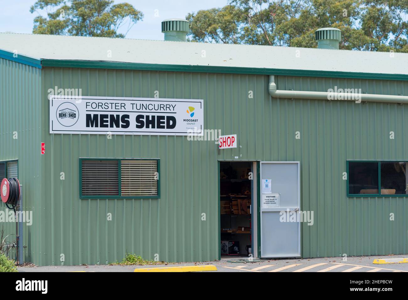 Der Wallis Lake Men's Shed in Tunchrys an der Mid North Coast von New South Wales ist Mitglied der 900 Strong, Australian Men's Shed Association Stockfoto