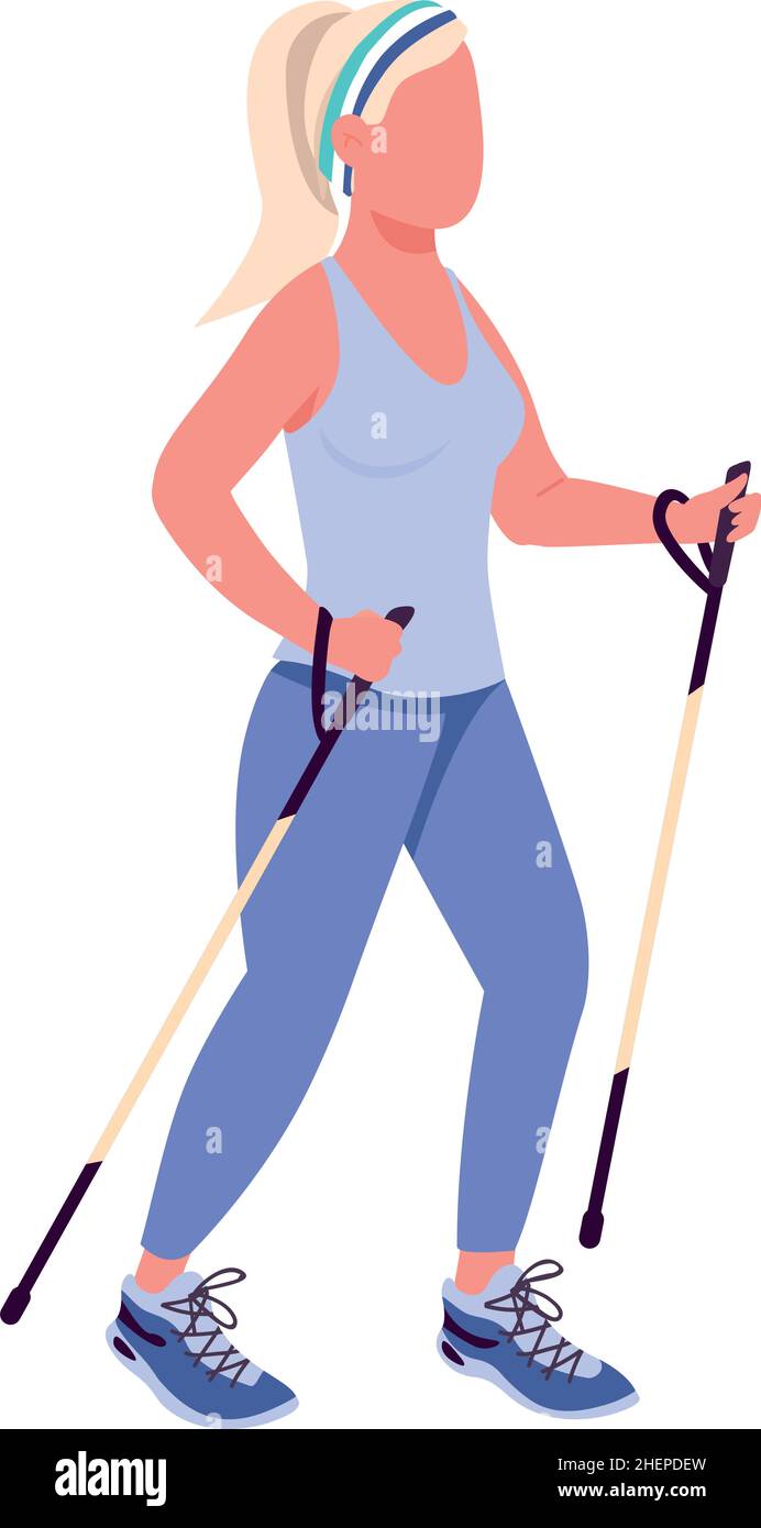 Frau auf nordic Walk halb flache Farbe Vektor-Charakter Stock Vektor