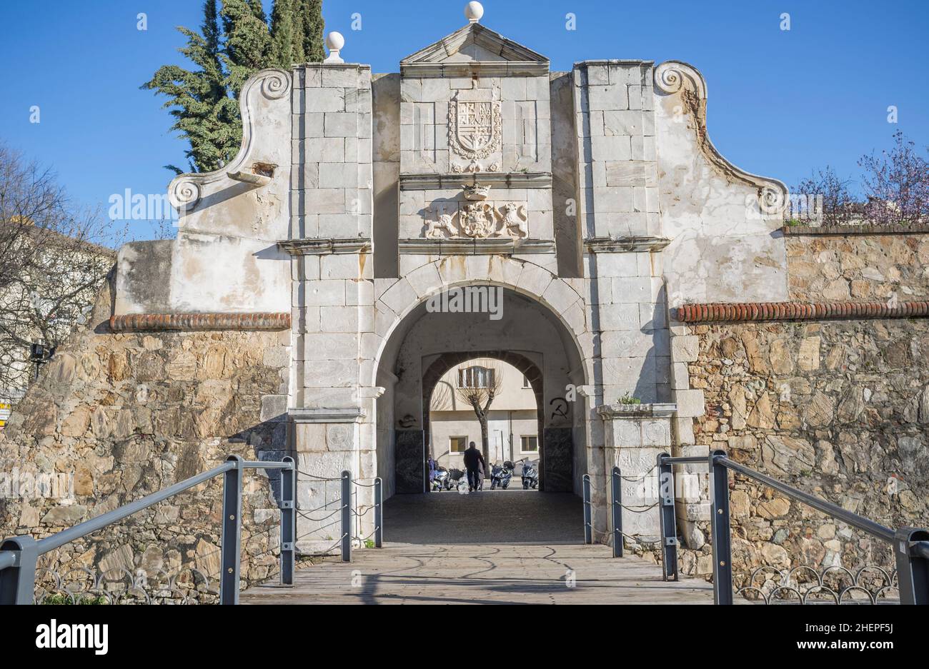 Pilar Gate oder Puerta Pilar, Badajoz, Extremadura, Spanien. Eingänge zu der befestigten Festung aus dem 17th. Jahrhundert Stockfoto