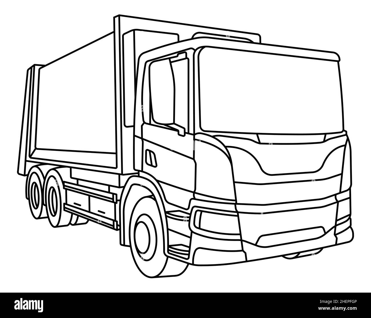 Kinder lineare Zeichnung für zum ausmalen. Schwere Baumaschinen LKW, Müllwagen in linear. Industrielle Maschinen und Anlagen. Isolierte V Stock Vektor