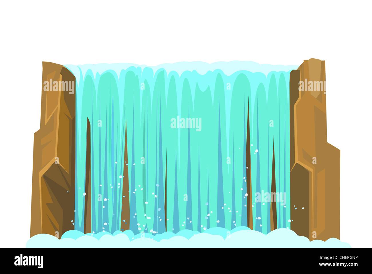 Wasserfall zwischen Felsen. Kaskade schimmert nach unten. Fließendes Wasser. Glatte Wasserwand. Cooler Cartoon-Style. Objekt auf weißem Hintergrund isoliert. Vektor Stock Vektor