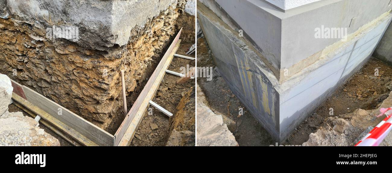 Sanierte Grundmauer nach Wasserschäden, vorher - nachher, Deutschland Stockfoto