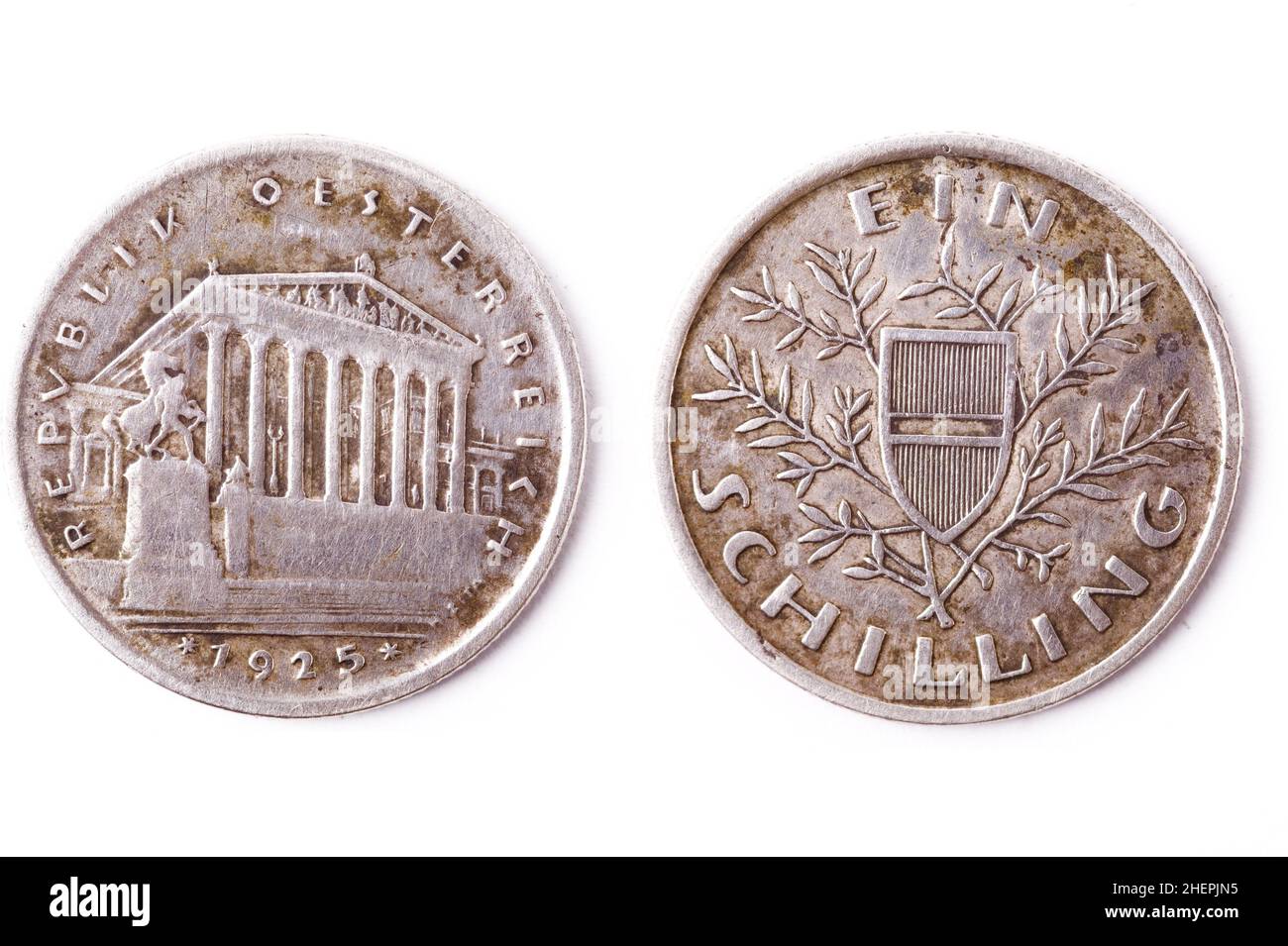 Historische Münze aus Österreich, 1925, 1 Schilling, parlament in Wien, Österreich Stockfoto