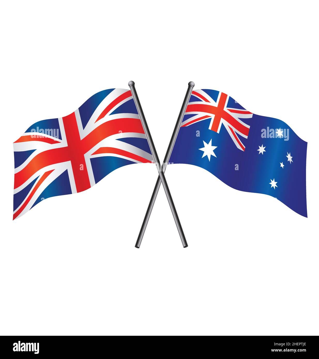Großbritannien großbritannien vereinigtes Königreich und Australien Flaggen im Beziehungsbündnis oder gegen gekreuzten Vektor isoliert auf weißem Hintergrund Stock Vektor