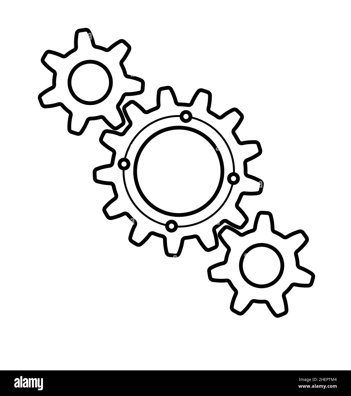 Drei Gitterzahnräder Symbol Logo Linie Arbeit Umriss Vektor isoliert auf weißem Hintergrund Stock Vektor