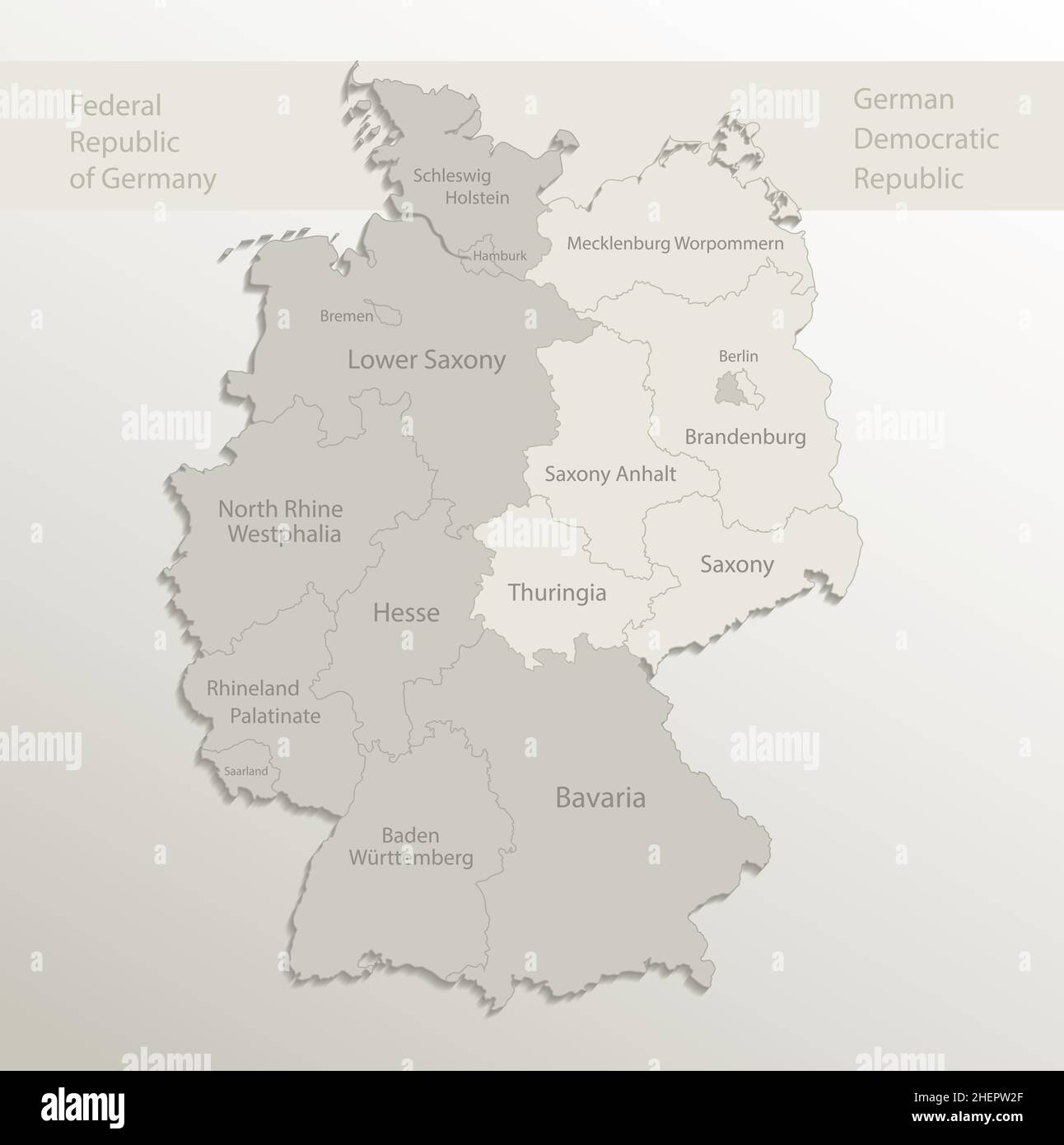 Deutschland Karte aufgeteilt auf West- und Ostdeutschland mit Regionen, Kartenpapier 3D natürlicher Vektor Stock Vektor