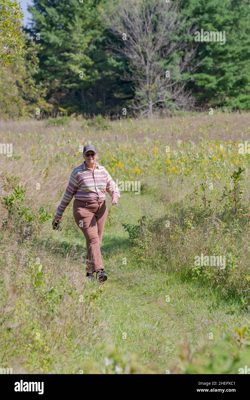 Eine Person mittleren Alters kann sich an einem warmen Herbsttag auf den Wanderwegen in einem Naturreservat von Door County Wisconsin im Freien üben. Stockfoto