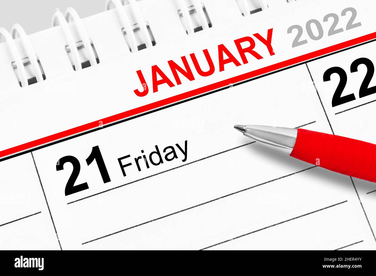 Kalender 2022 Januar 21 Freitag und roten Stift Stockfoto