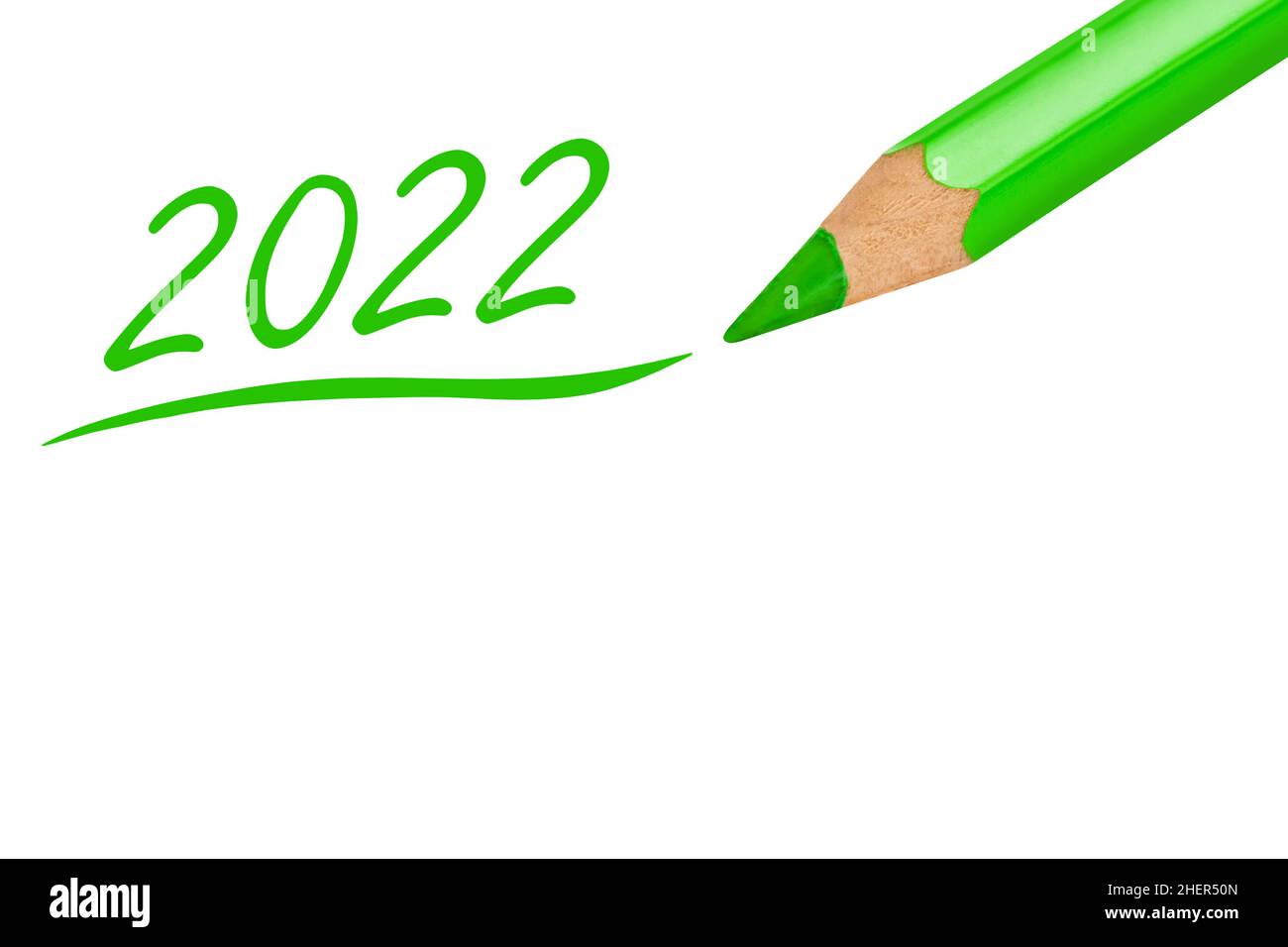Grüner Bleistift und 2022 isoliert vor weißem Hintergrund Stockfoto