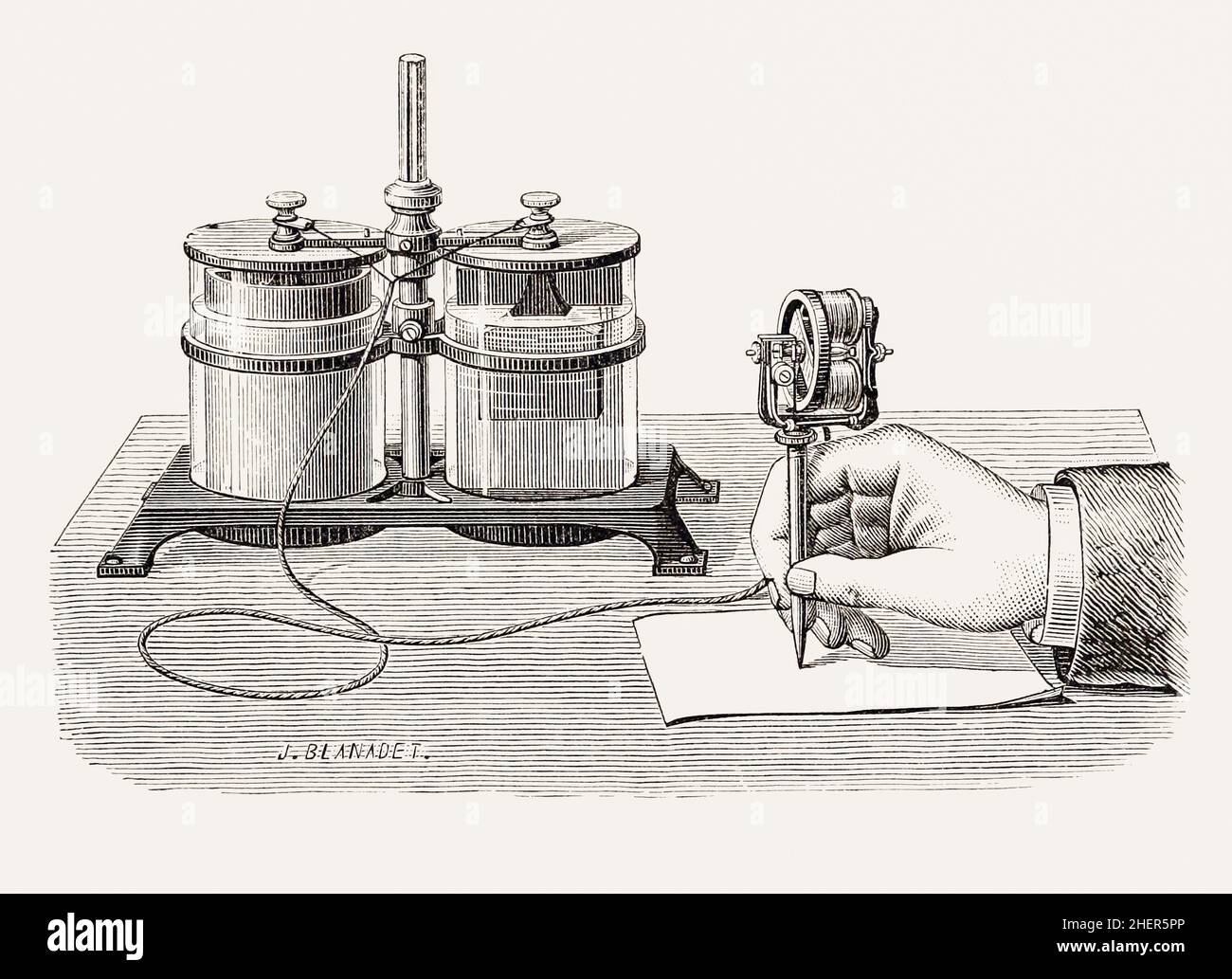 Der elektrische Stift von Thomas Edison mit seiner Nasszelle. Der Stift wurde entwickelt, um Dokumente zu duplizieren und ging Ende 1875 in den Verkauf, aber wegen der hohen Wartungsbatterie war seine kommerzielle Lebensdauer kurz und es wurde bald durch effizientere Technologien ersetzt. Stockfoto