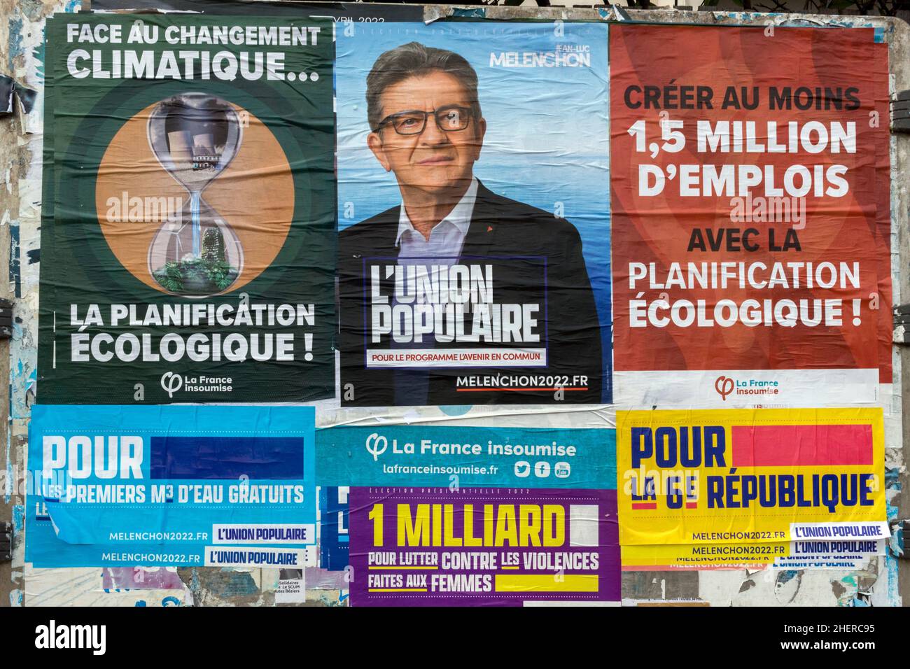 Plakatwand für den französischen Präsidentschaftswahlkampf. Montpellier, Österreich, Frankreich Stockfoto