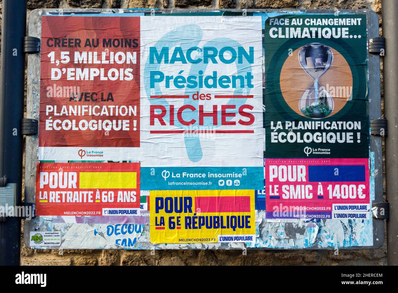 Plakatwand für den französischen Präsidentschaftswahlkampf. Montpellier, Österreich, Frankreich Stockfoto
