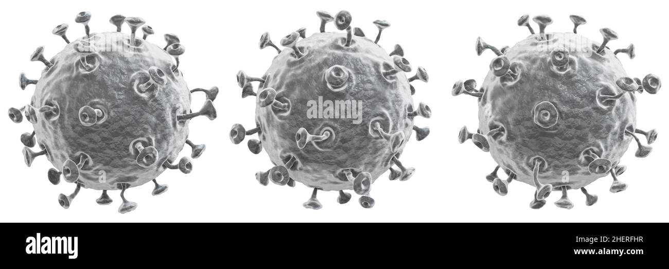 COVID-19 . Set von Corona-Virus mit hoher Detail texturierten und Glykoprotein Spike . Andere Ansicht. Weißer isolierter Hintergrund . Schwarz-weiße Farbe . Stockfoto