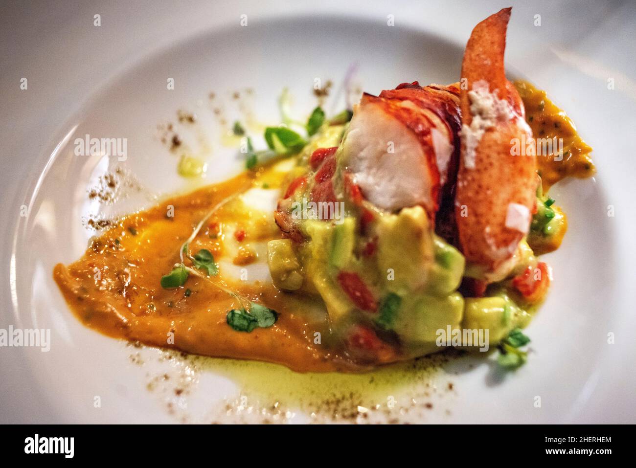 Hummerkrabben und Avocado-Gericht werden im Luxuszug Al-Andalus serviert, der durch Andalusien Spanien fährt. Der Al Andalus-Zug nimmt eine 7-tägige Tour ab Stockfoto