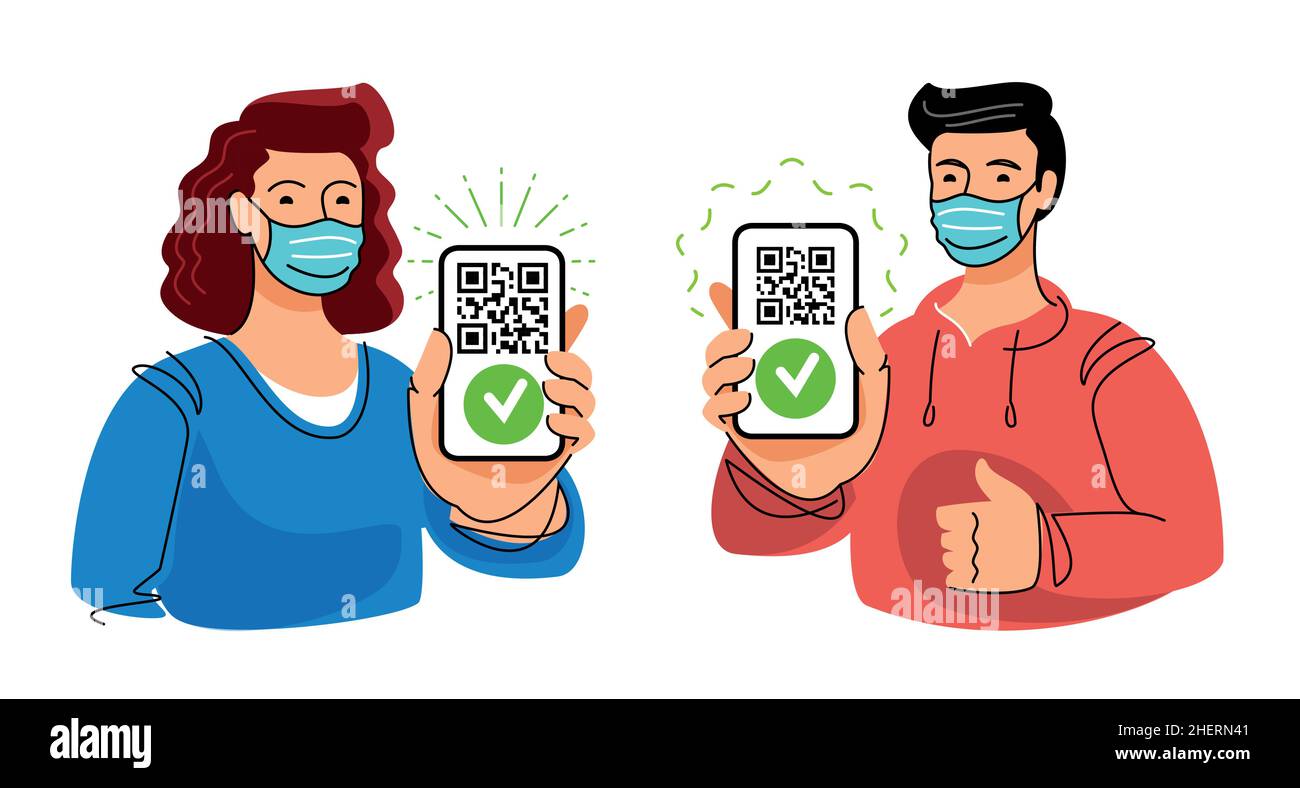 Impfpass. Zeigt den Impfstoff-QR-Code in der mobilen App oder auf dem Smartphone-Bildschirm an. Covid-19 Coronavirus Vektor flache Abbildung Stock Vektor