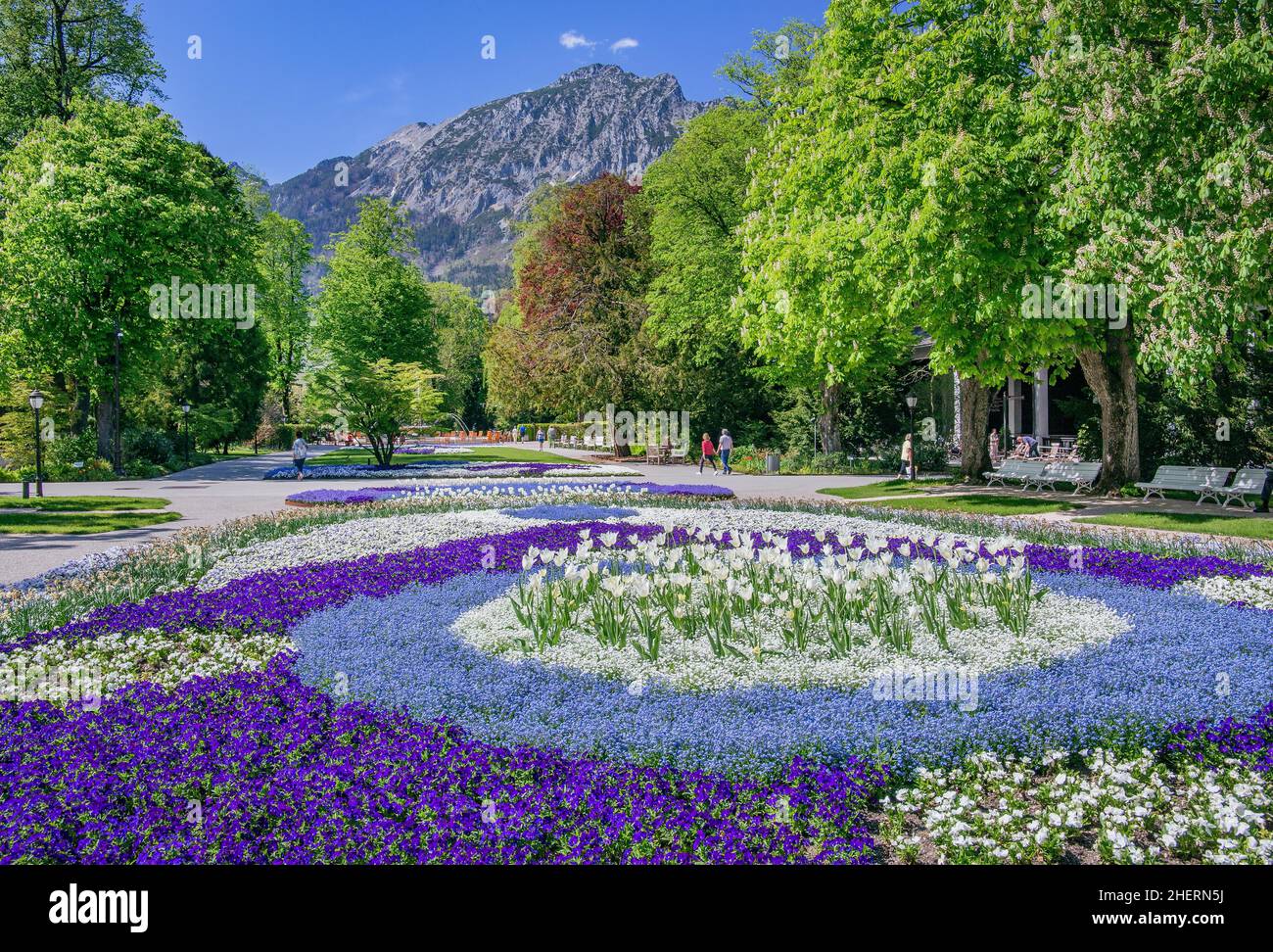 Königlicher Kurpark mit Blumengrenzen im Frühjahr, Bad Reichenhall, Berchtesgadener Land, Oberbayern, Bayern, Deutschland Stockfoto