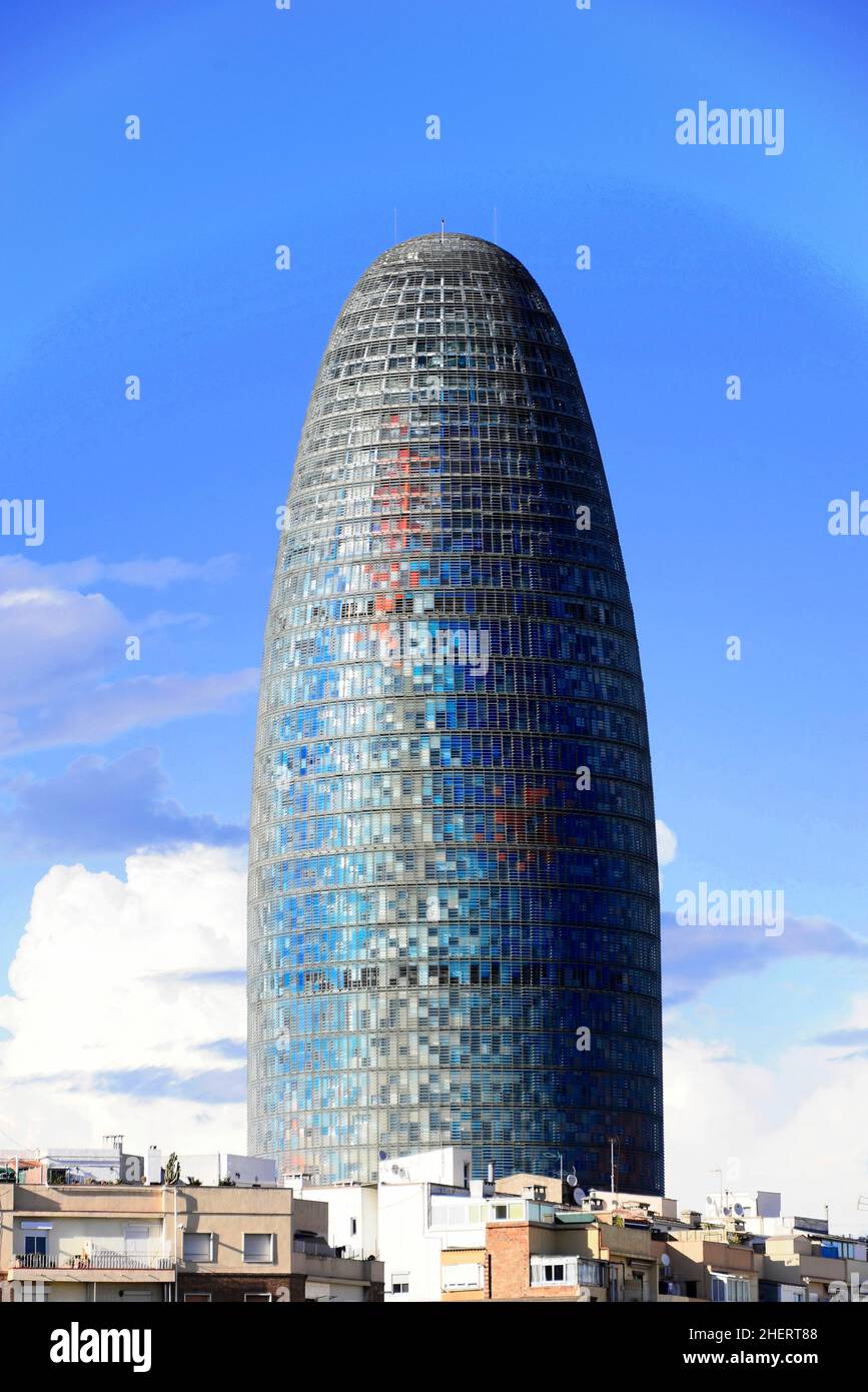 Torre Agbar, 142m hoher Wolkenkratzer, Architekt Jean Nouvel, Glorias Square, Barcelona, Katalonien, Spanien Stockfoto