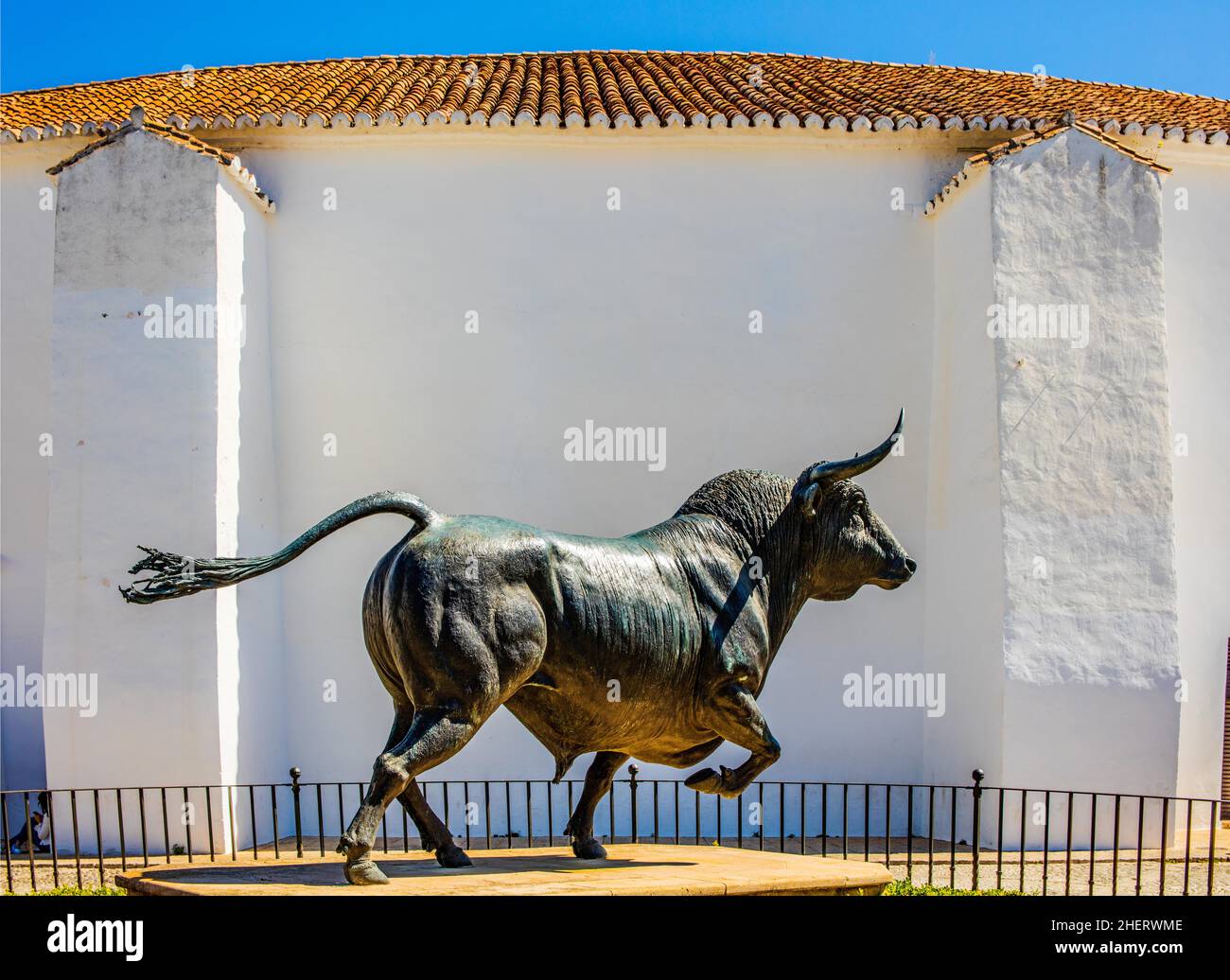 Bronzestier vor der Stierkampfarena, Plaza de Toros, Ronda, eines der weißen Dörfer, Ronda, Andalusien, Spanien Stockfoto