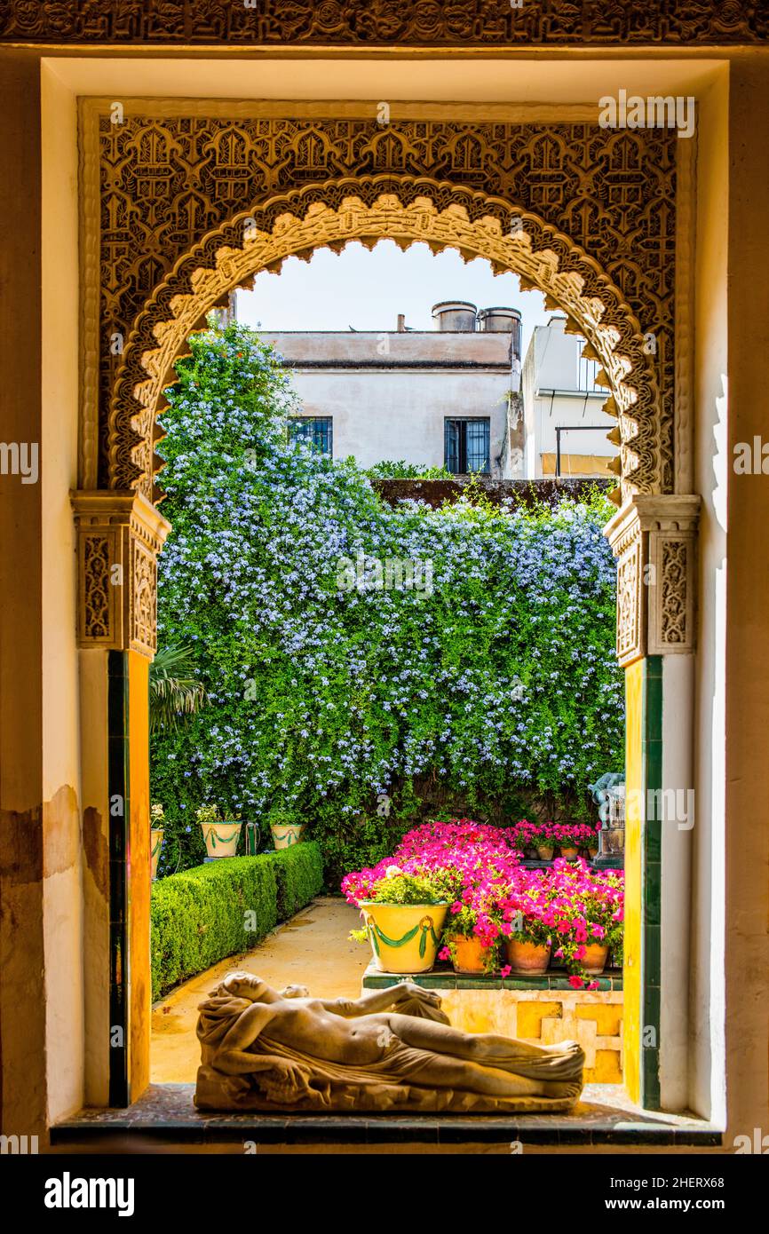 Garten mit exotischen Pflanzen, Casa de Pilatos Stadtpalast mit Mudejar-Stilelementen, Sevilla, Sevilla, Andalusien, Spanien Stockfoto