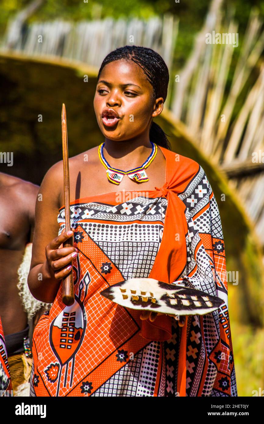 Einblicke in das Leben der Swazis, Swazi Cultural Village, Wildlife Sanctuary, Swasiland, Eswatini, Südafrika, Milwane Stockfoto