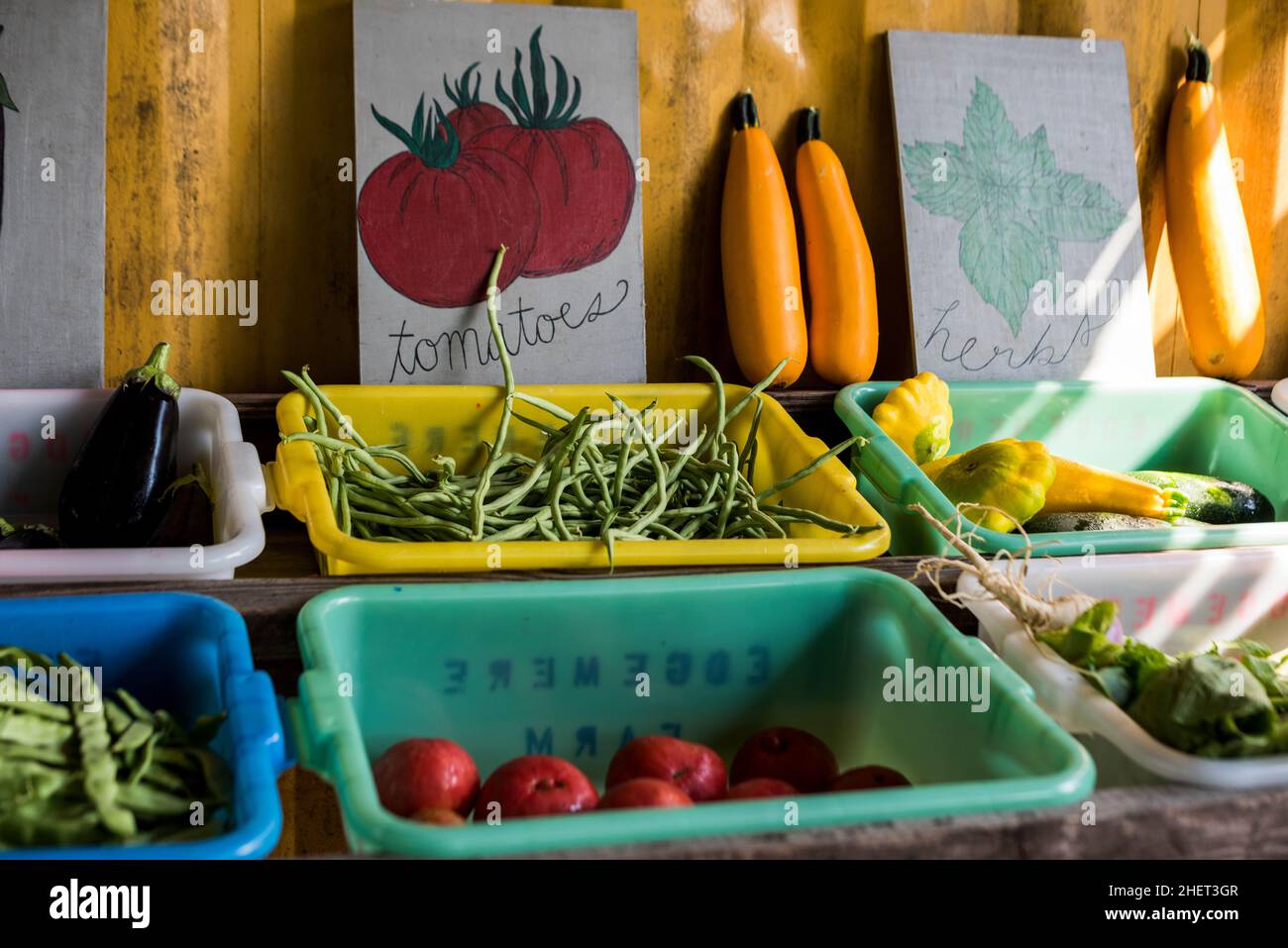 Städtischer Bauernstand mit Gemüse und Schildern Stockfoto