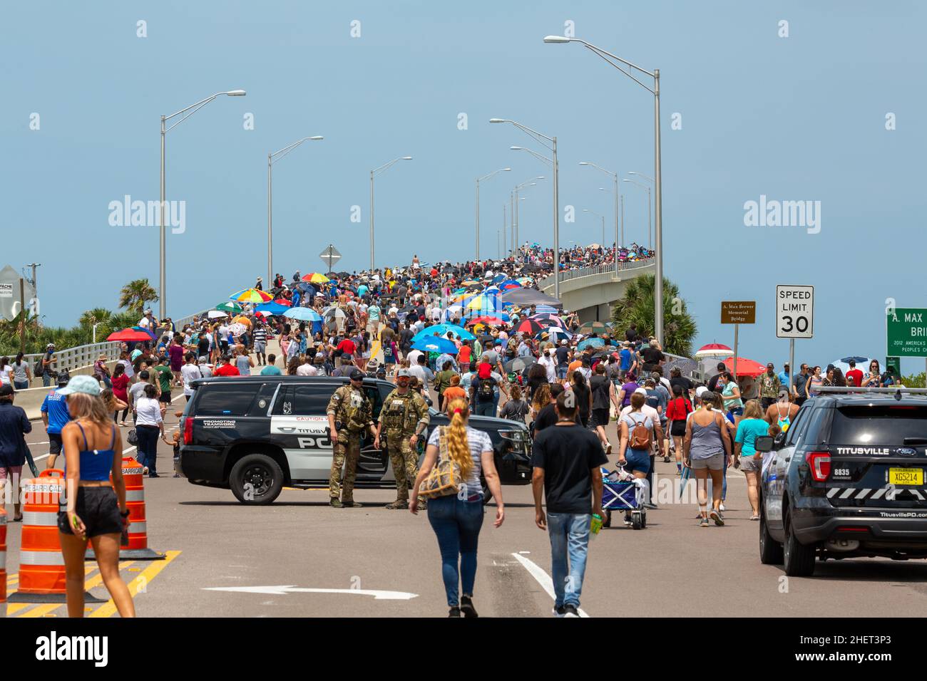 Cape Canaveral Luftaufnahme. Raketenstart SpaceX Falcon 9. Kennedy Space Center LC-39A. Stockfoto