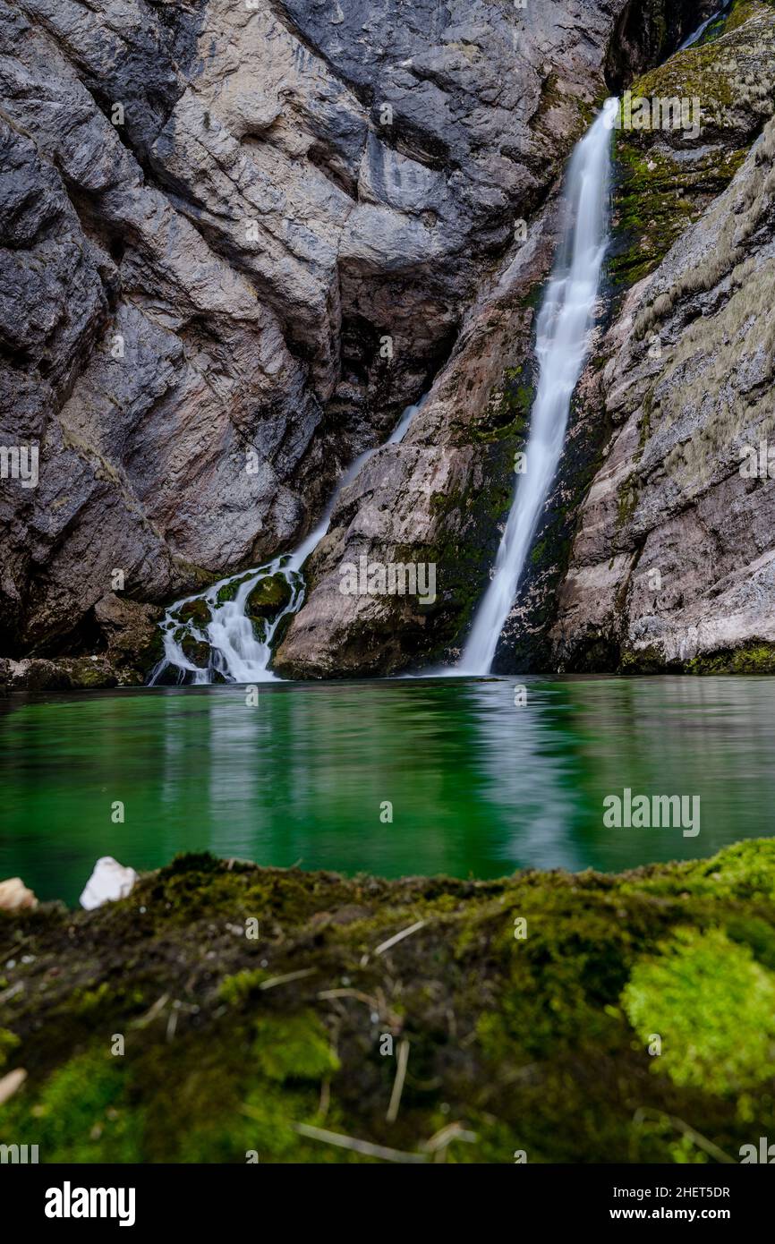 Nahaufnahme von grünem Moos und Wasserfall Savica in Slowenien, Bohinj See, Triglav Nationalpark Stockfoto