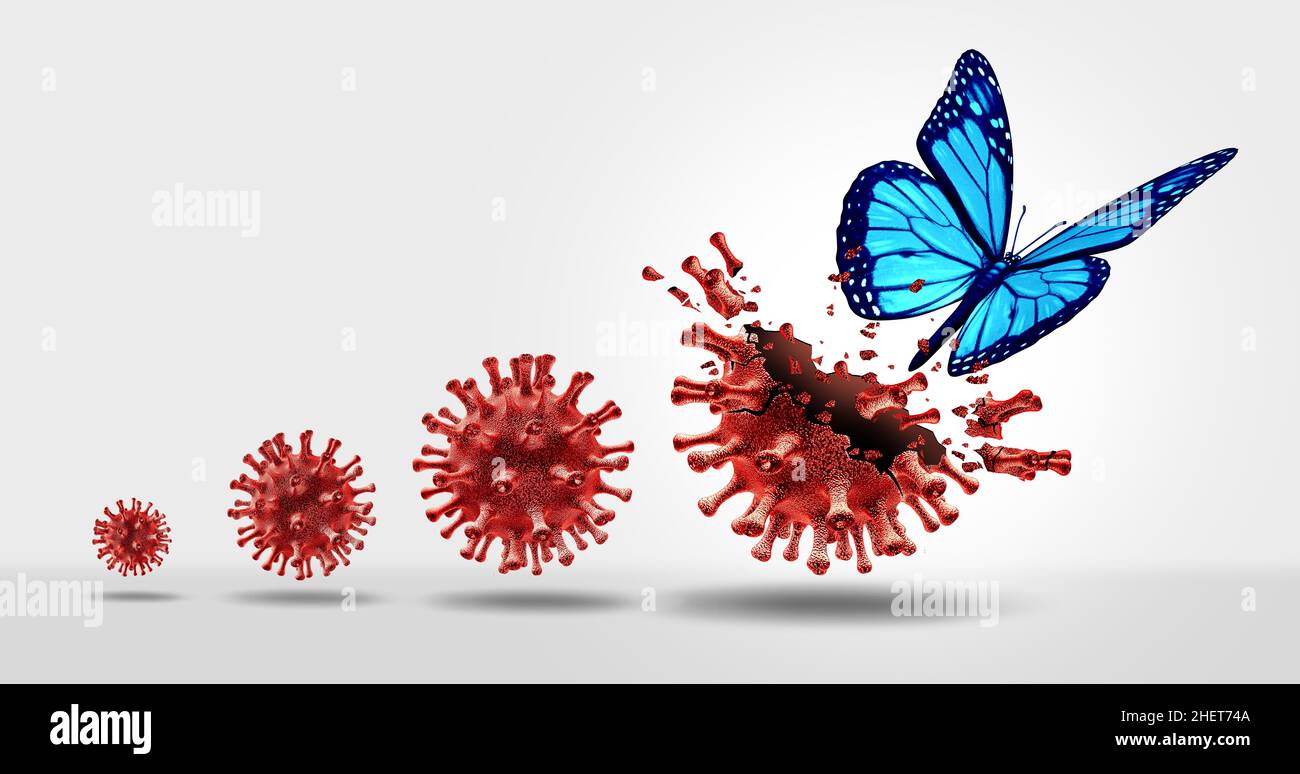Freiheit von Krankheiten als variantenem Viruszellkonzept und neuer mutierender Coronavirus-Ausbruch oder Covid-19-Virusausbruch als Transformation. Stockfoto